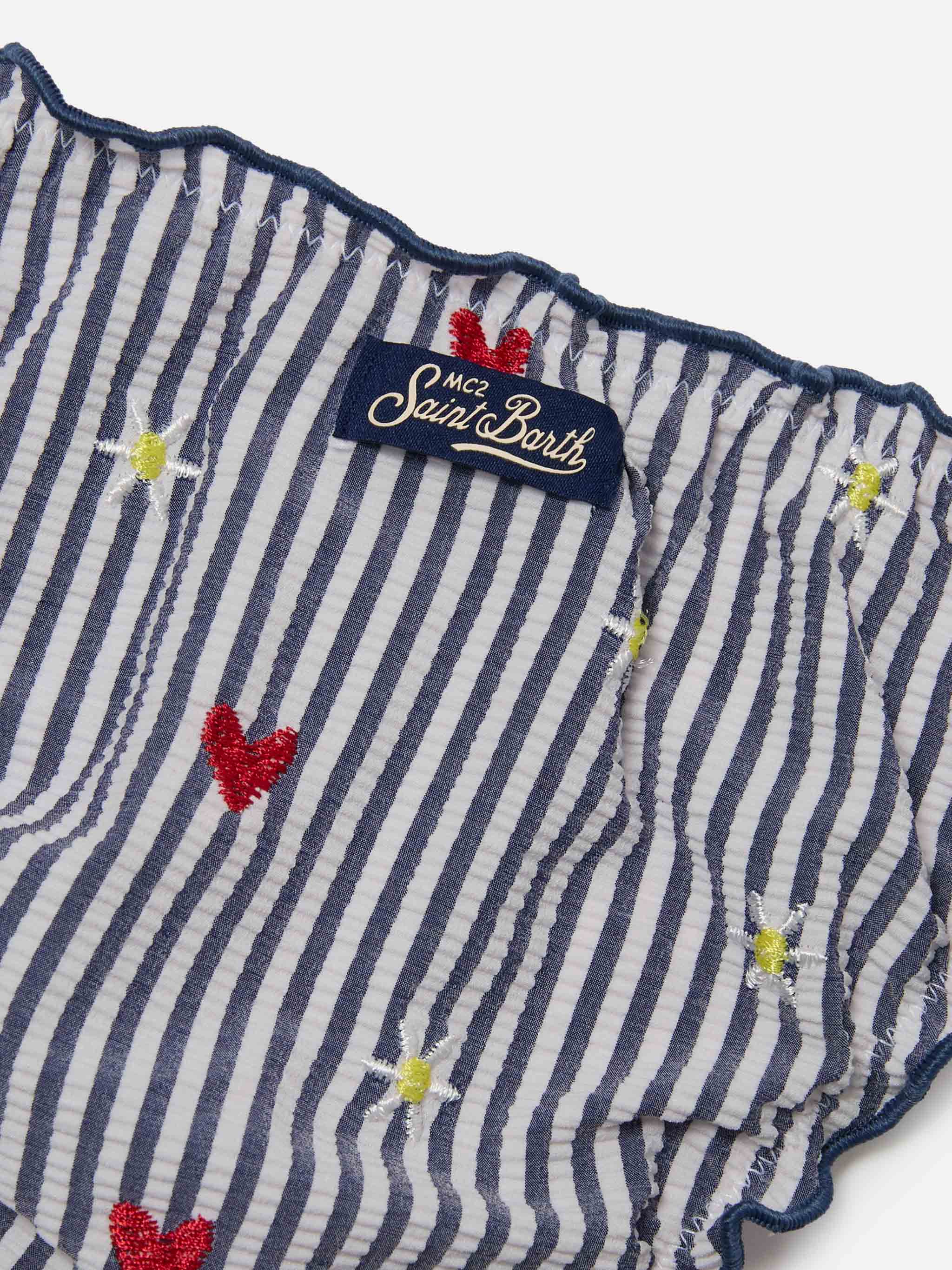 Emy white and navy striped seersucker embroidered bikini - Image 3