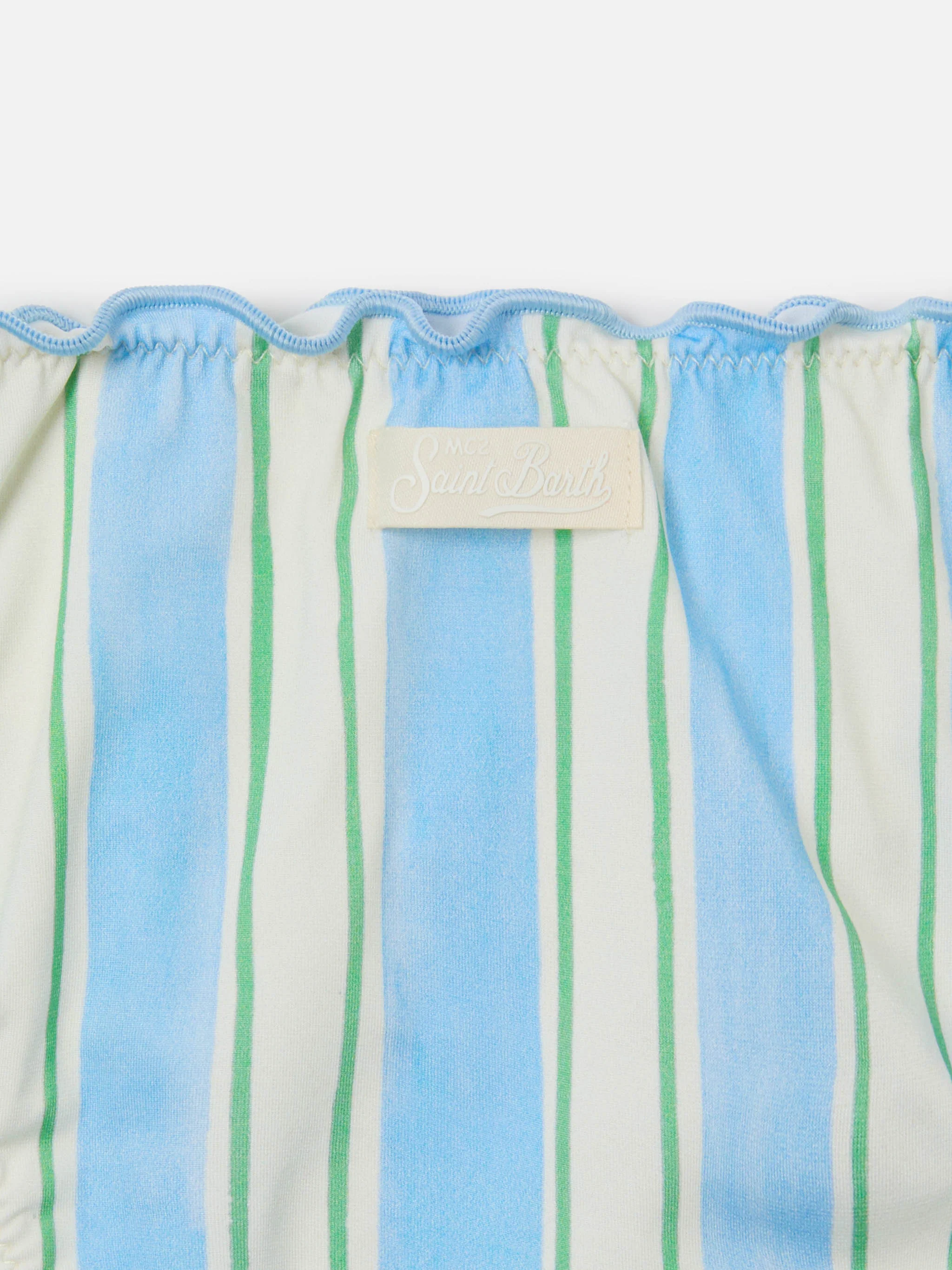 Emy white, light blue and green striped bikini with ruffled edges - Image 3