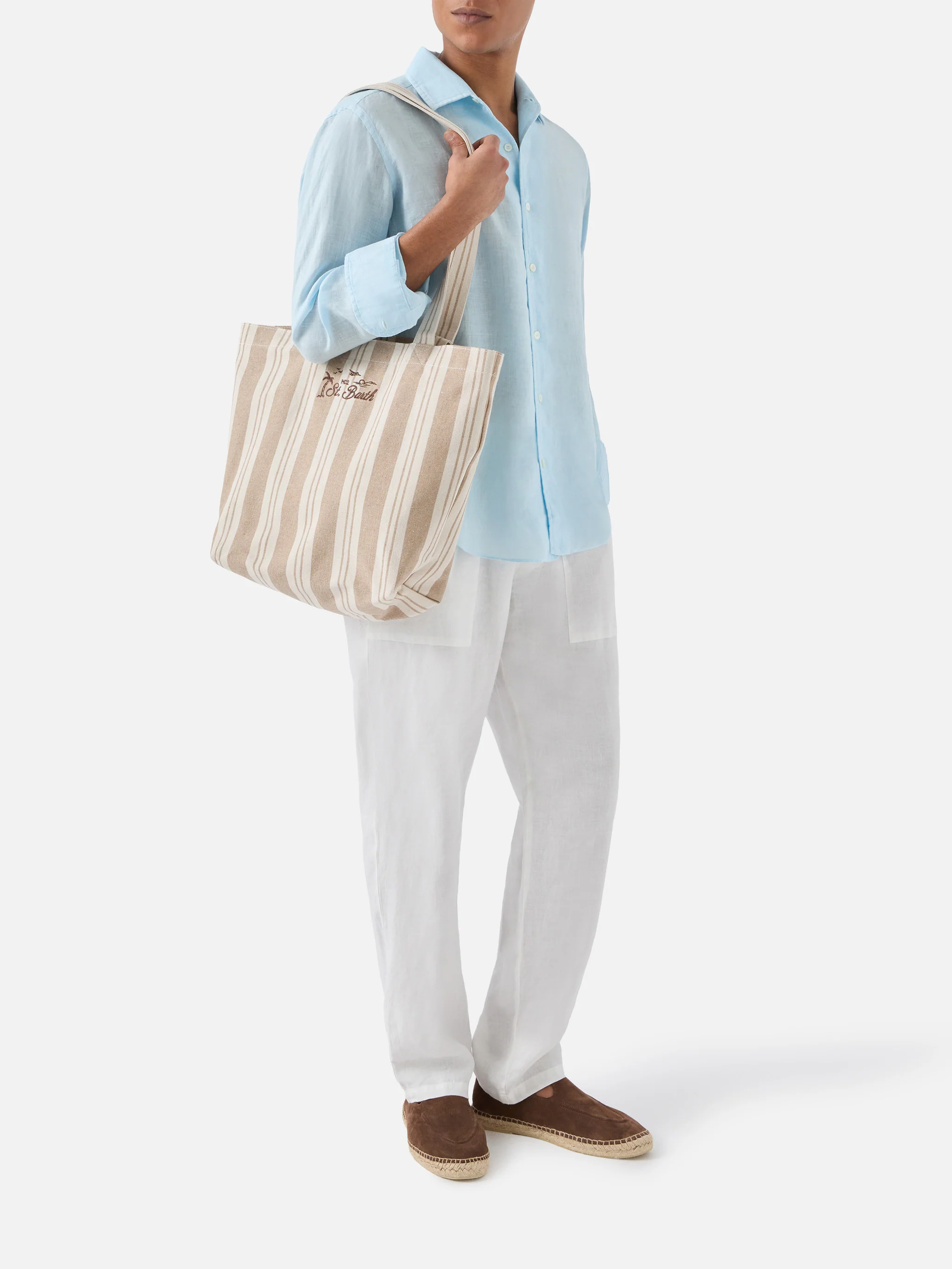 Essential Beach beige and white striped cotton tote bag - Image 2