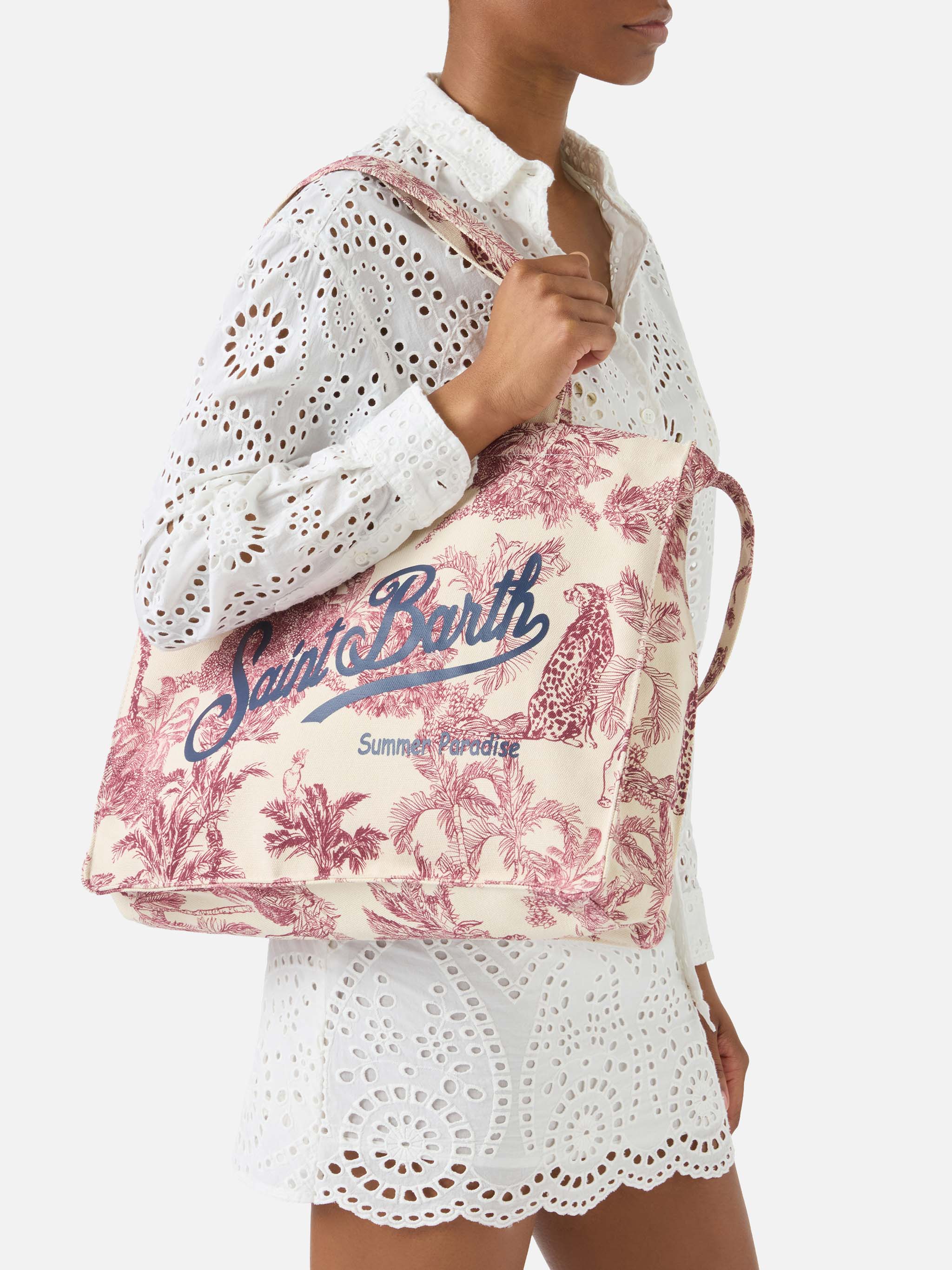 Essential canvas tote bag with bordeaux toile de jouy print - Image 2
