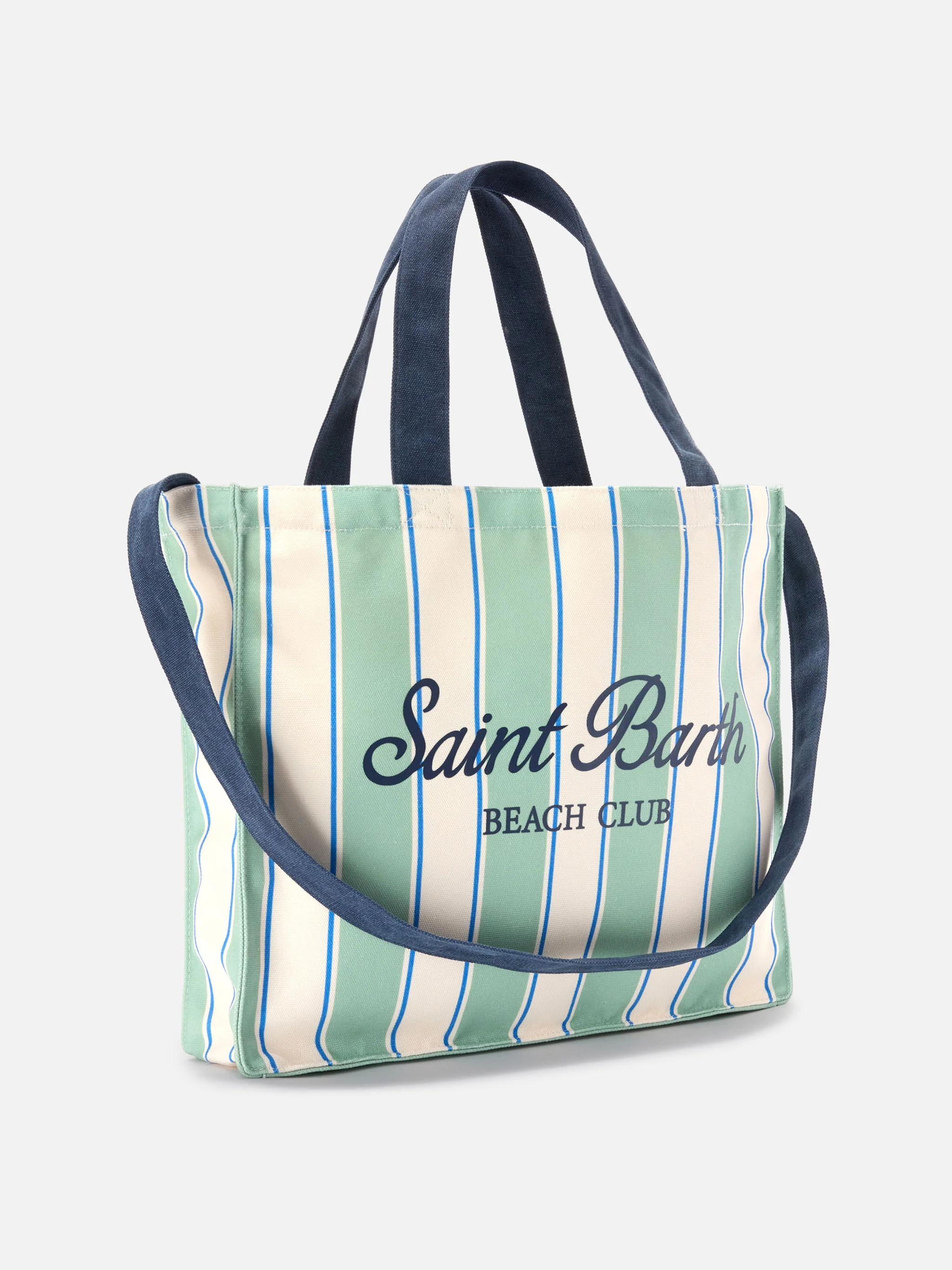 Essential canvas tote bag with green, light blue and white stripes and contrasting logo - Image 3