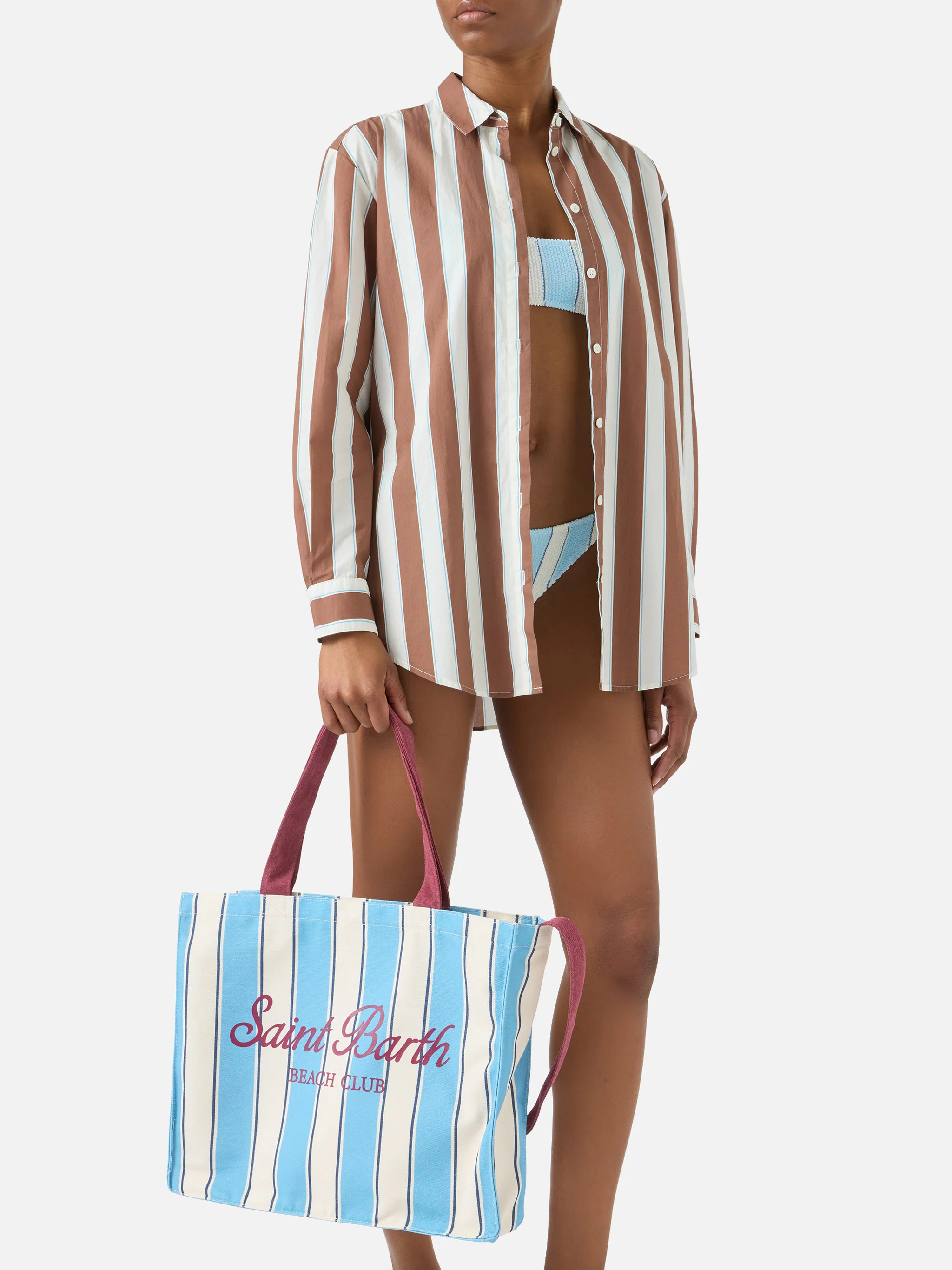 Essential canvas tote bag with light blue and white stripes and contrasting logo - Image 2