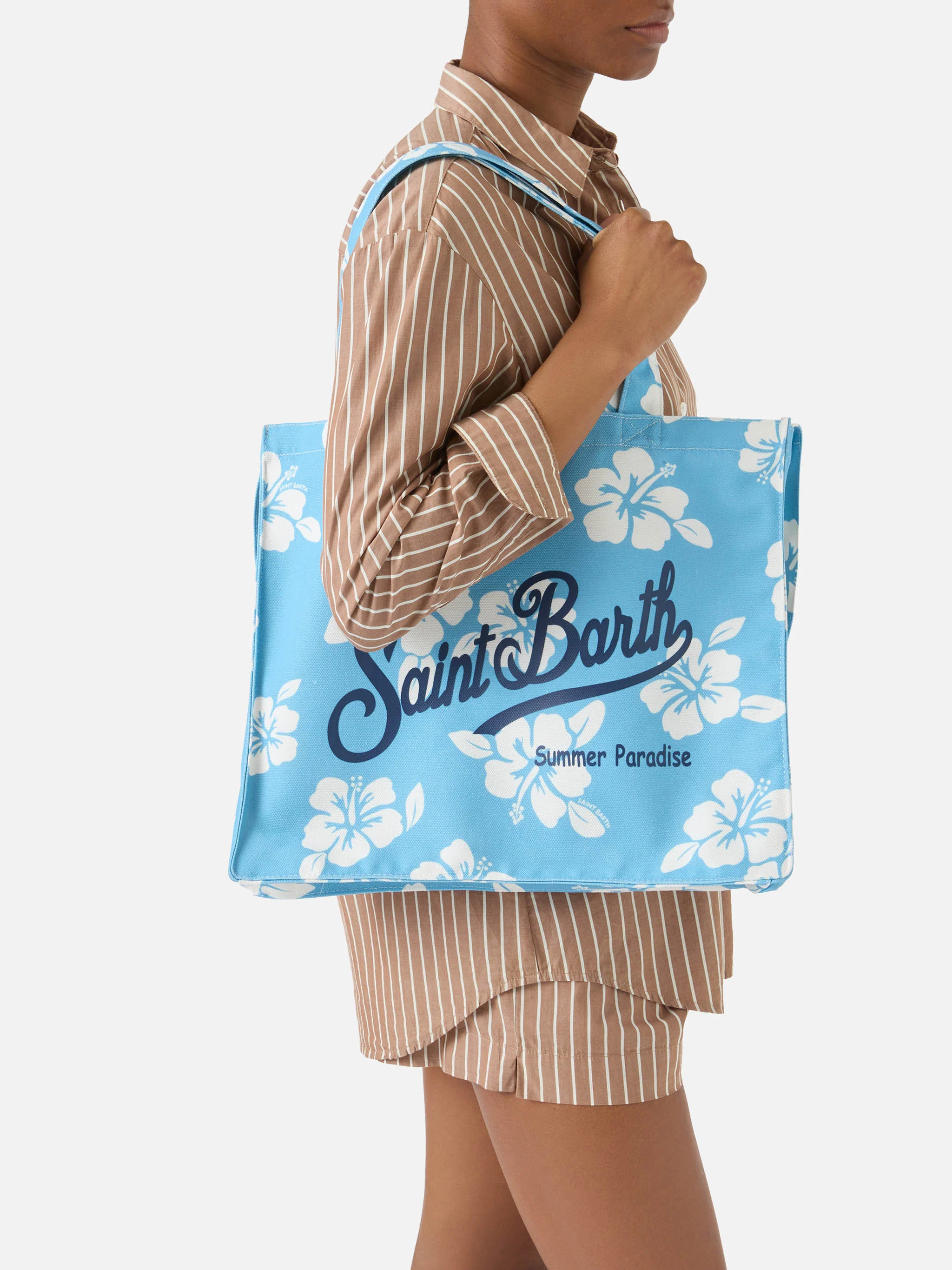 Essential canvas tote bag with light blue hibiscus print and contrasting logo - Image 2