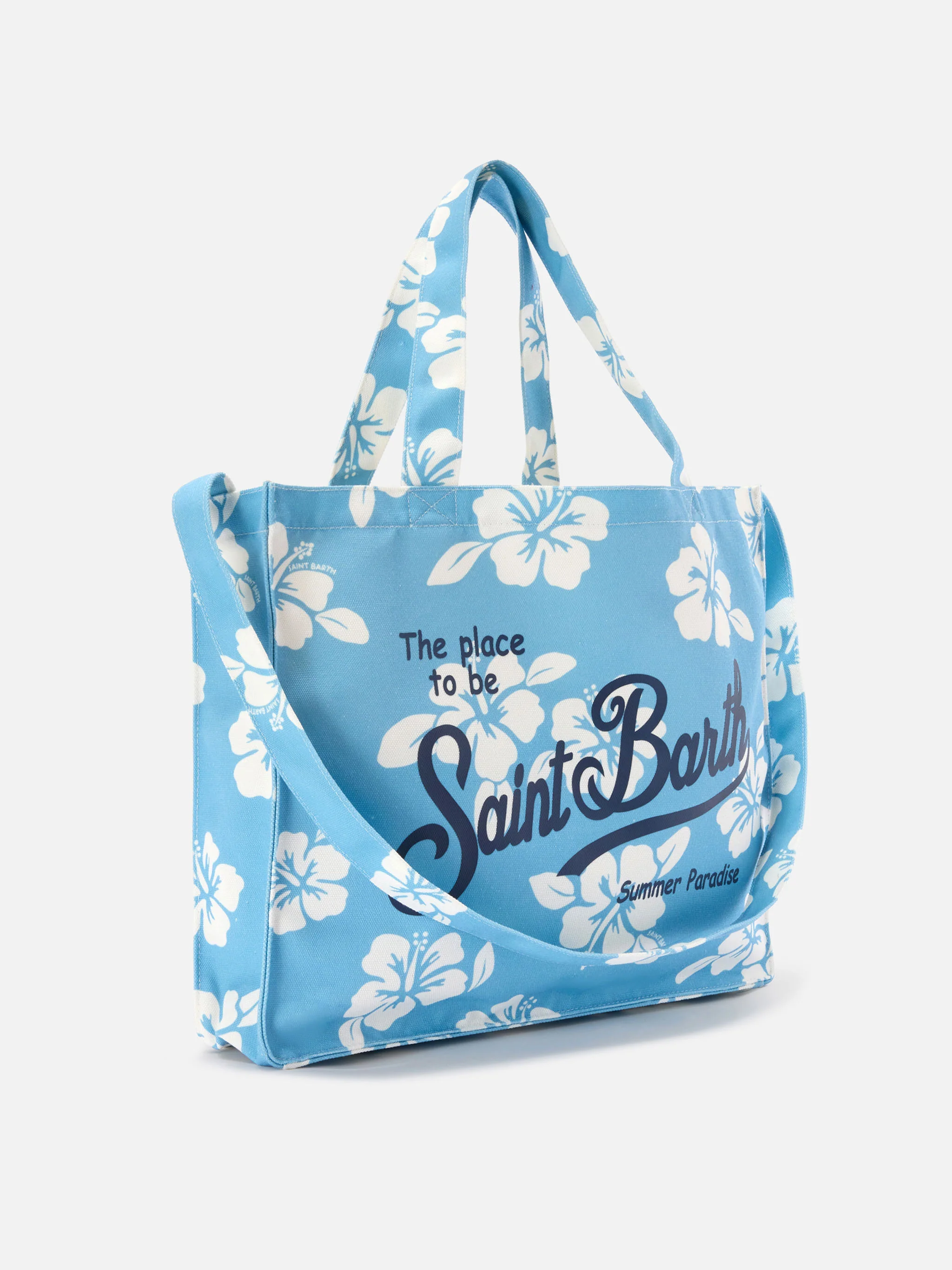 Essential canvas tote bag with light blue hibiscus print and contrasting logo - Image 3