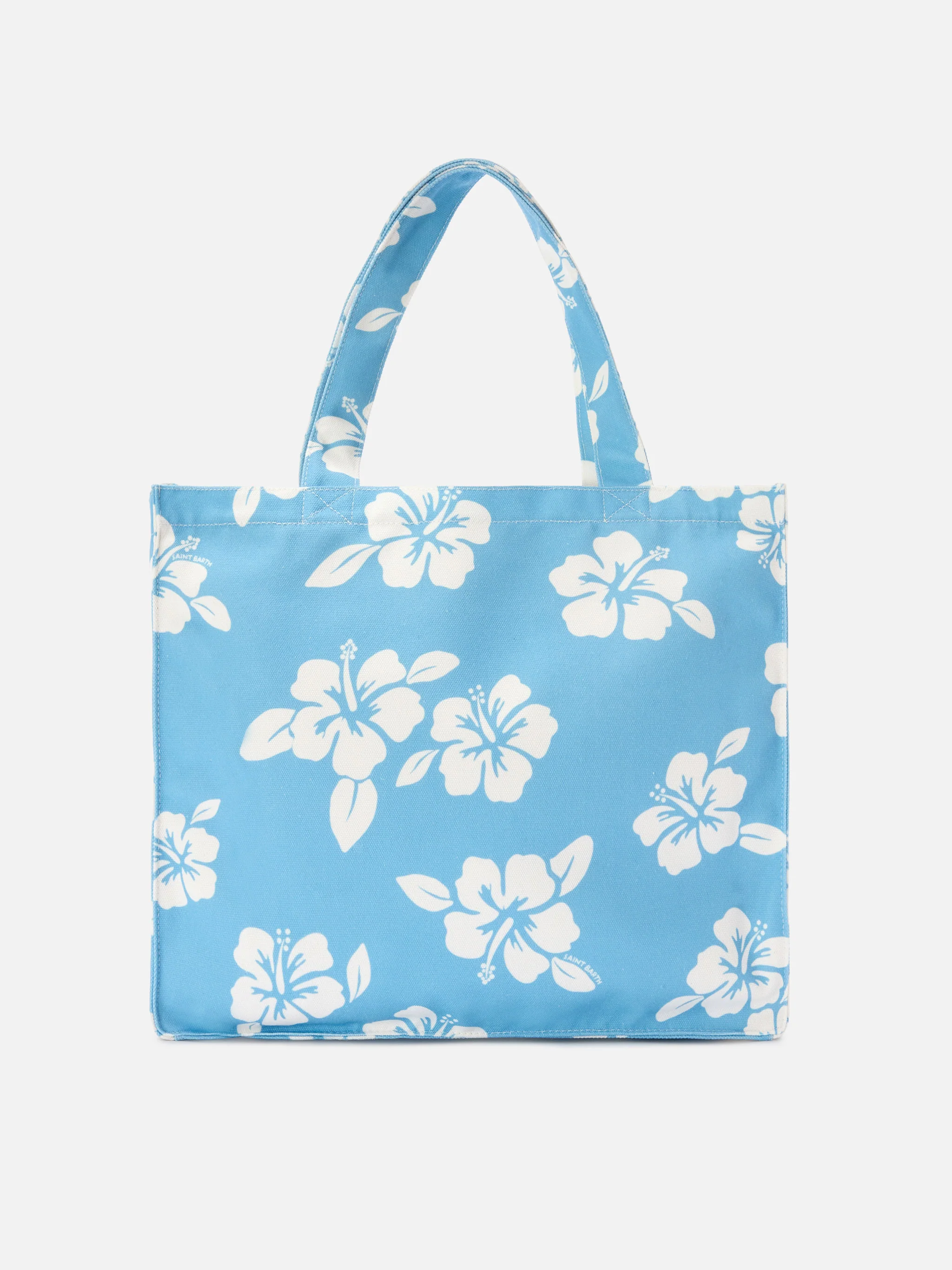 Essential canvas tote bag with light blue hibiscus print and contrasting logo - Image 4