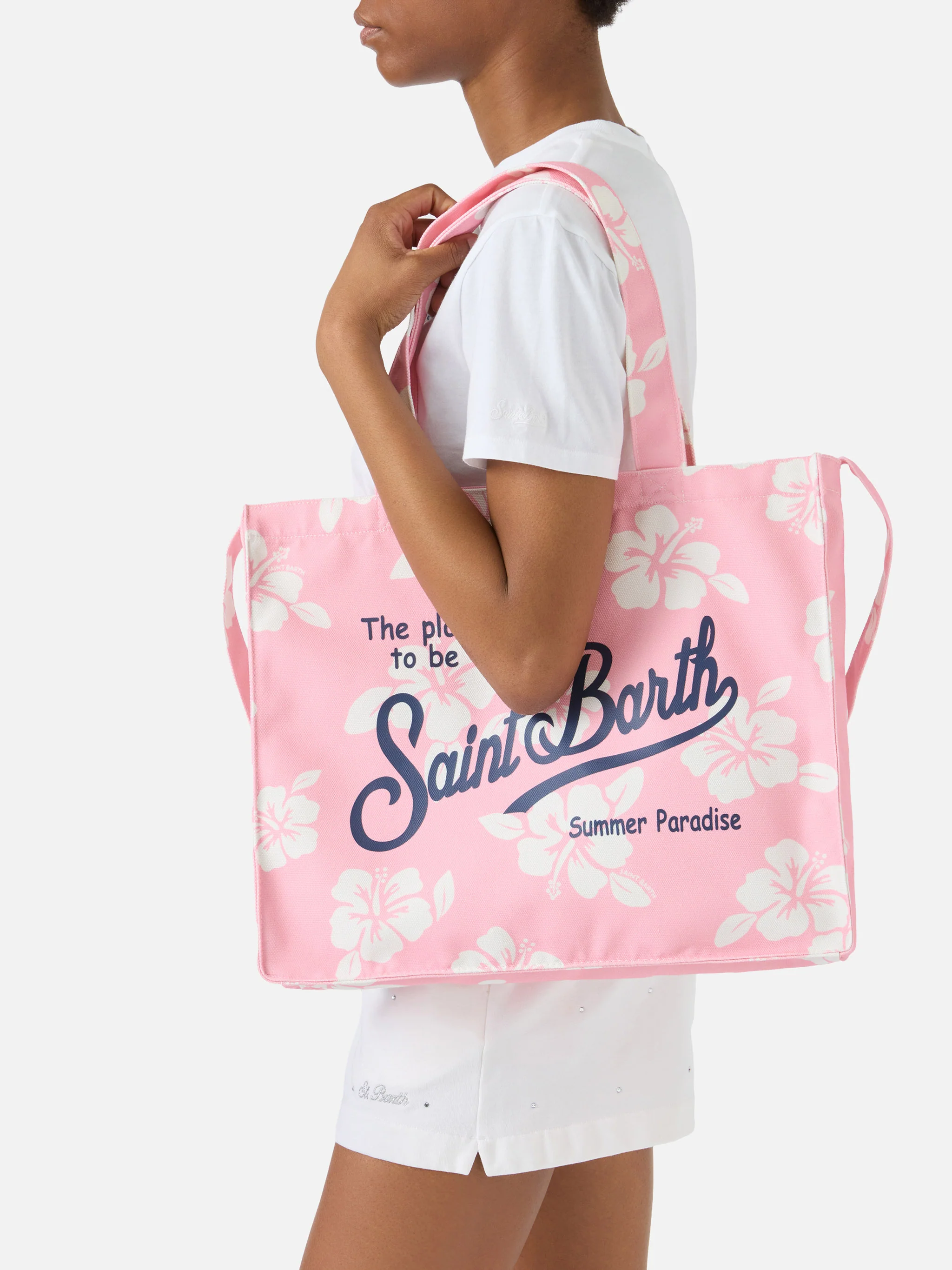 Essential canvas tote bag with pink hibiscus print and contrasting logo - Image 2