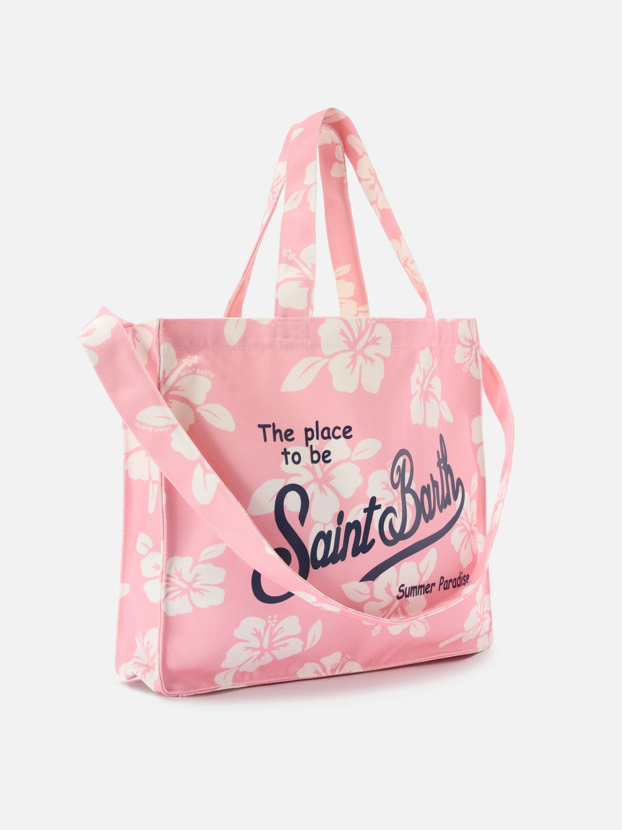 Essential canvas tote bag with pink hibiscus print and contrasting logo - Image 3