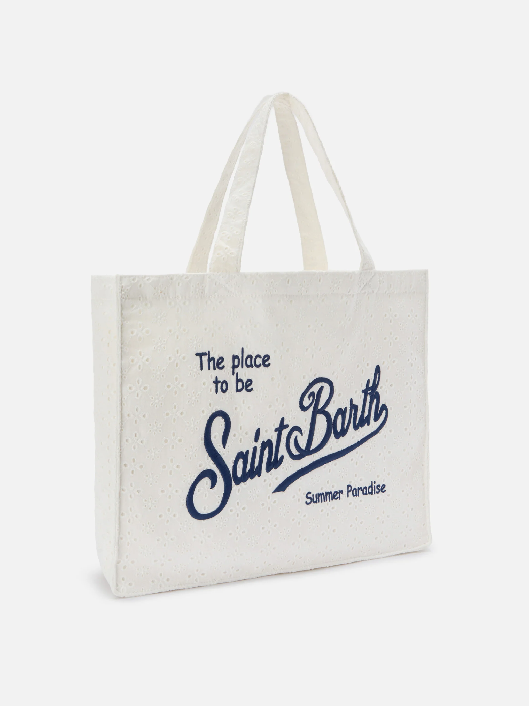 Essential white broderie anglaise cotton tote bag with contrasting logo - Image 2