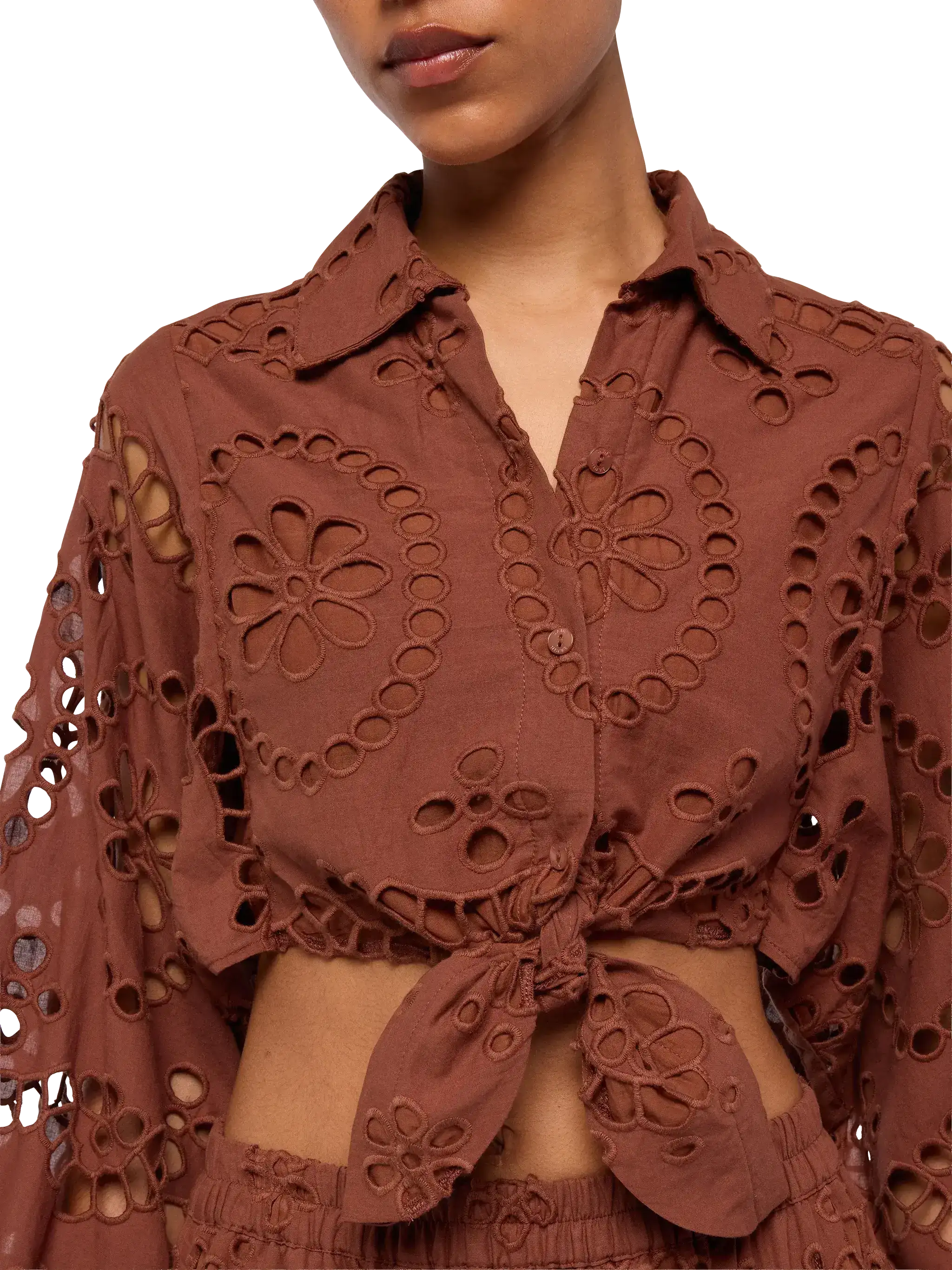 Febe camel brown cotton Sangallo lace shirt - Image 2