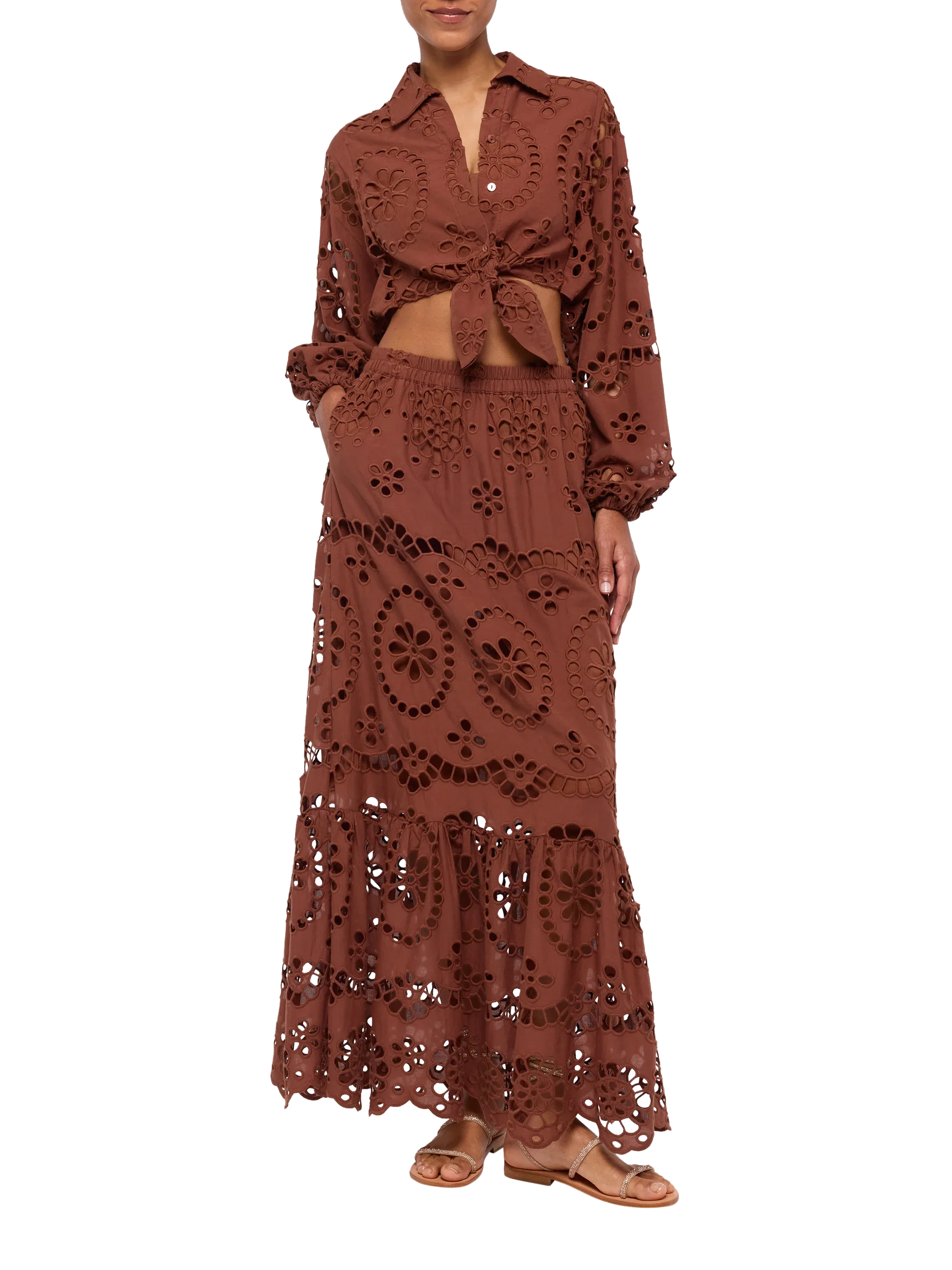 Febe camel brown cotton Sangallo lace shirt - Image 5