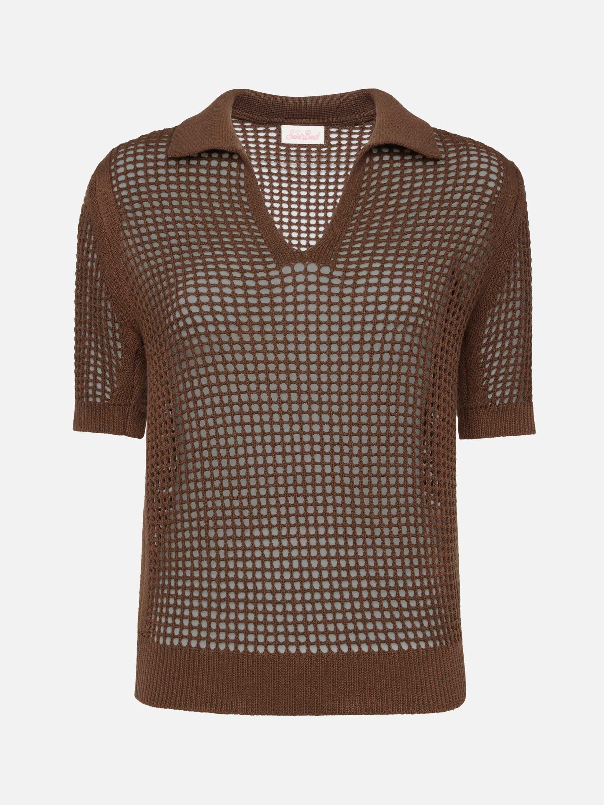 Flora brown mesh crochet polo - Image 5