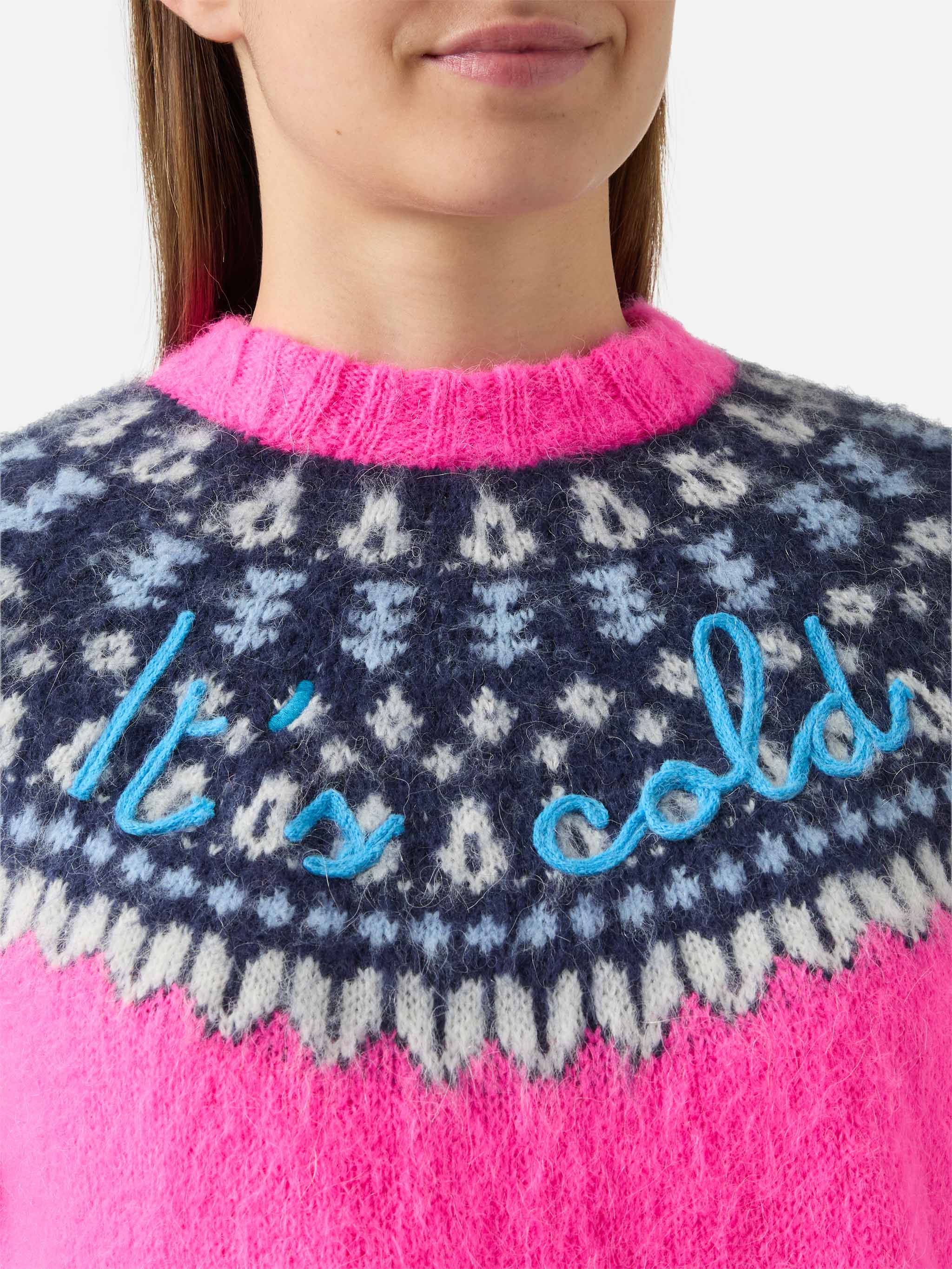 Fluo pink crewneck New Queen Nordic Soft with fair isle jacquard and It's cold  embroidery - Image 2