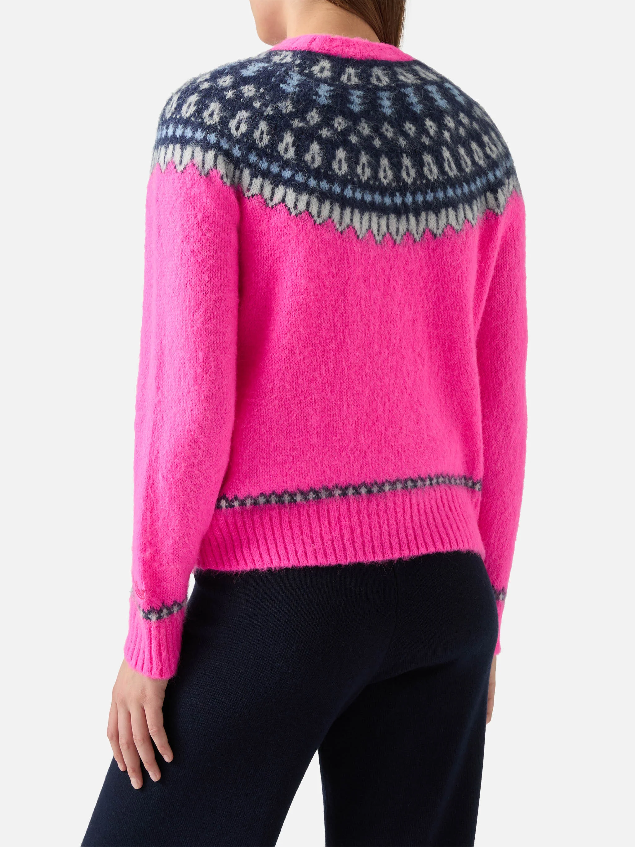 Fluo pink crewneck New Queen Nordic Soft with fair isle jacquard and It's cold  embroidery - Image 3