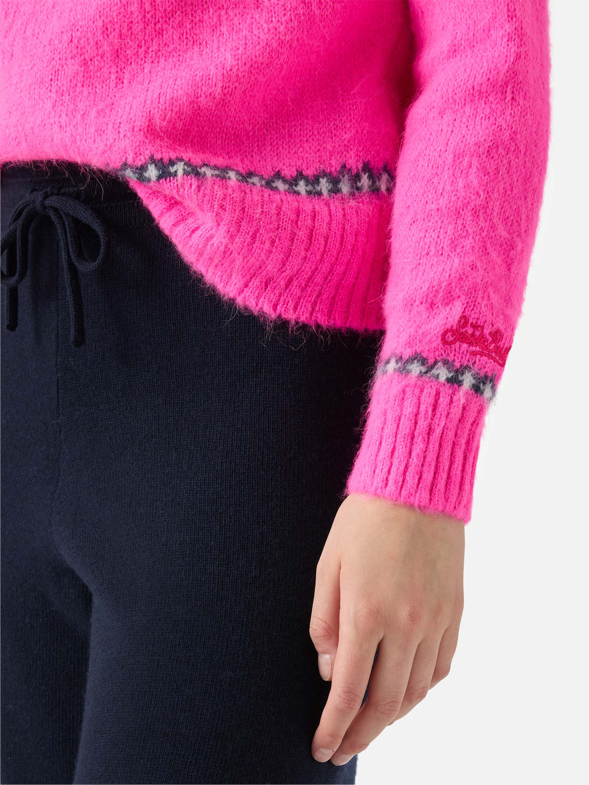 Fluo pink crewneck New Queen Nordic Soft with fair isle jacquard and It's cold  embroidery - Image 4