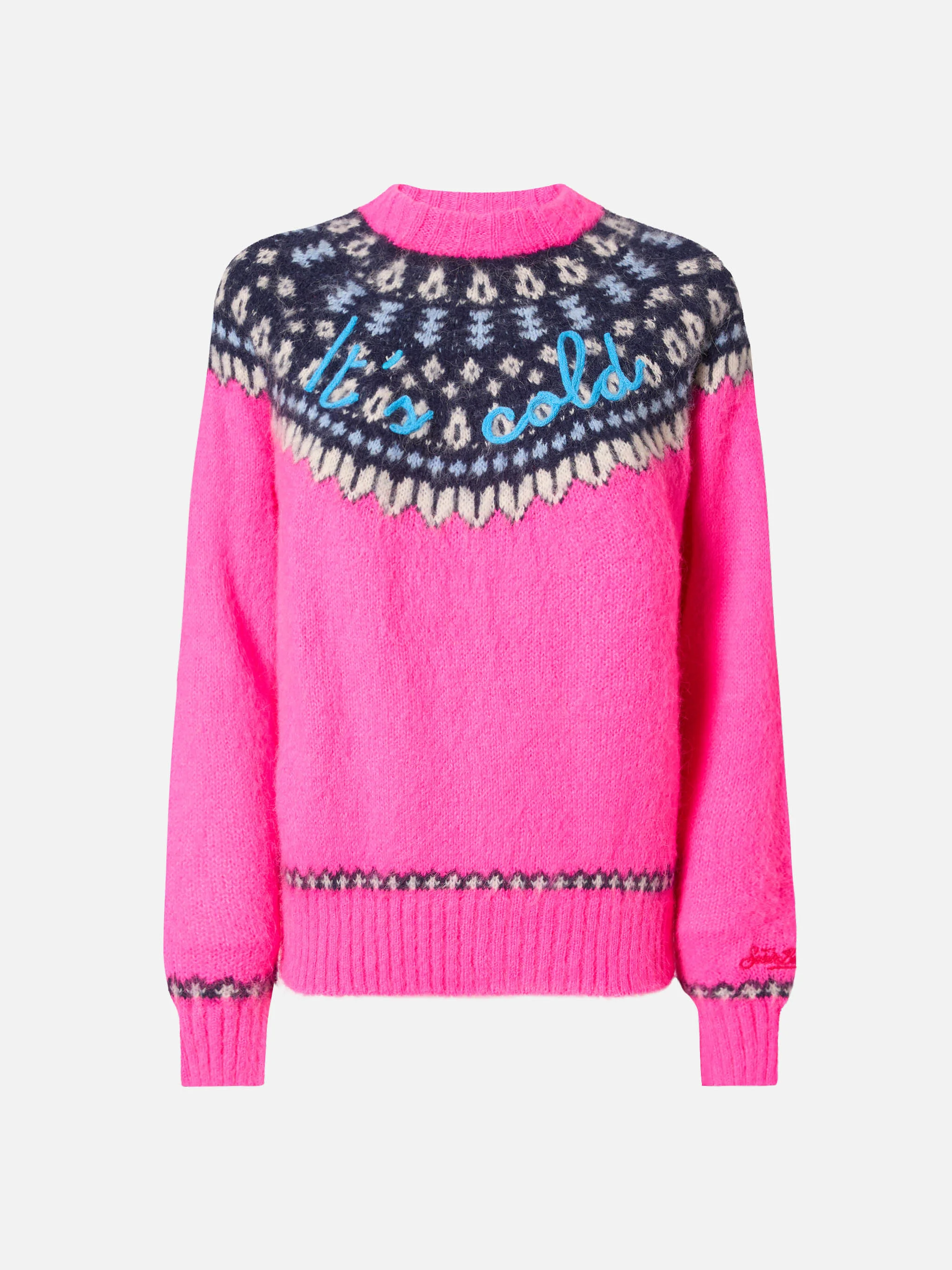Fluo pink crewneck New Queen Nordic Soft with fair isle jacquard and It's cold  embroidery - Image 5