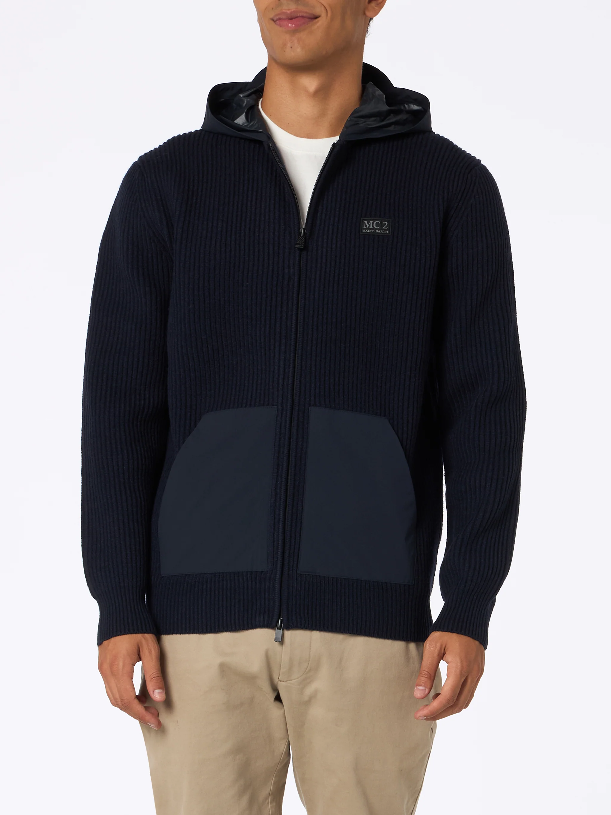 Wiberg full zip sweater in technical fabric in navy blue solid color - Image 2