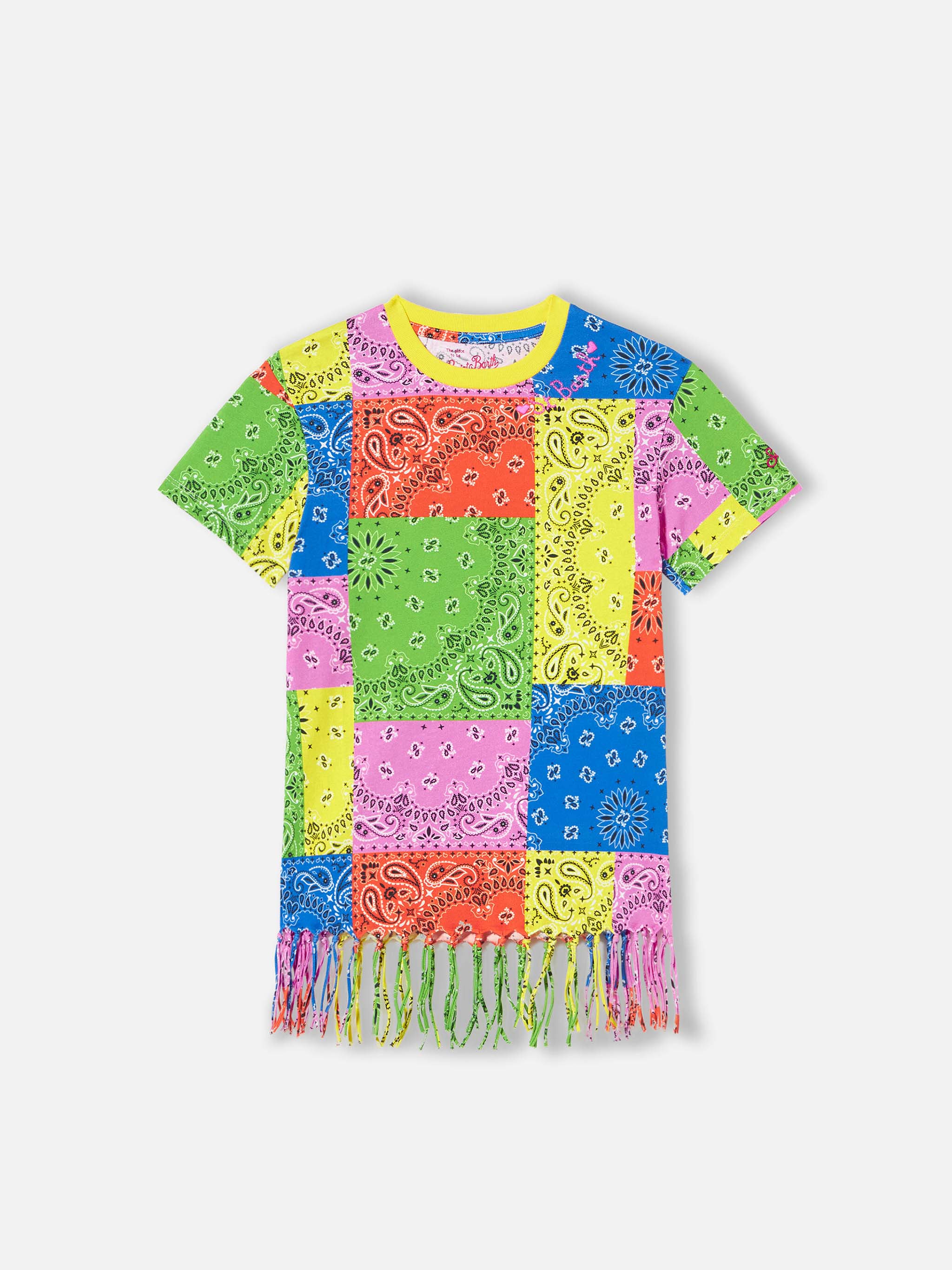 Girl cotton dress with fluo bandana print
