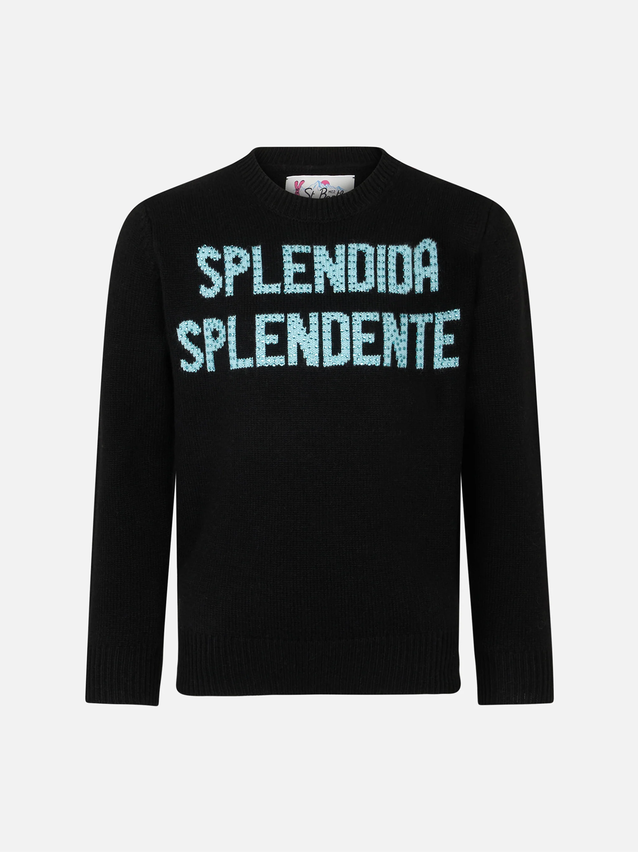 Crewneck black sweater with Splendida Splendente rhinestones print