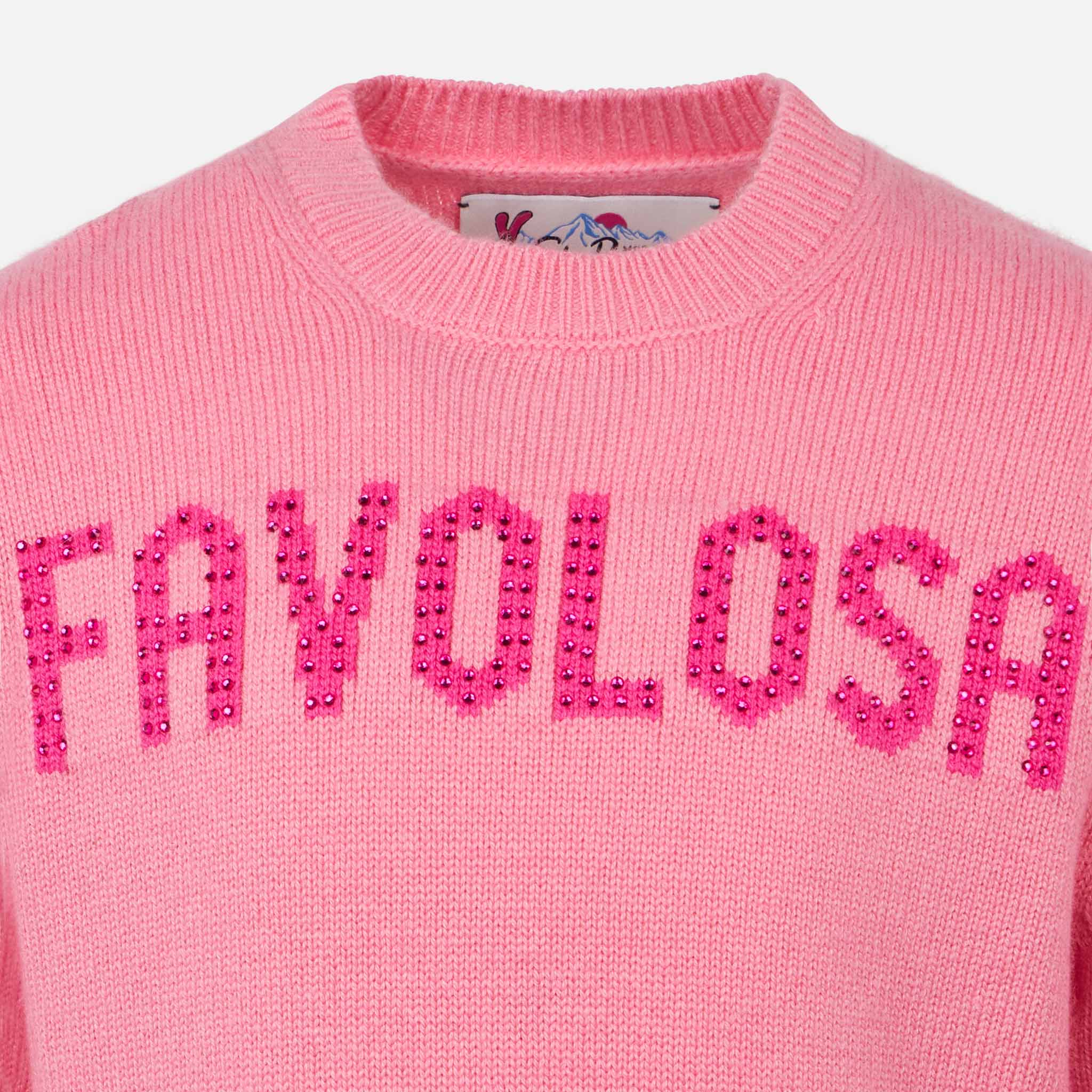 Girl crewneck pink sweater with Favolosa rhinestones print - Image 3