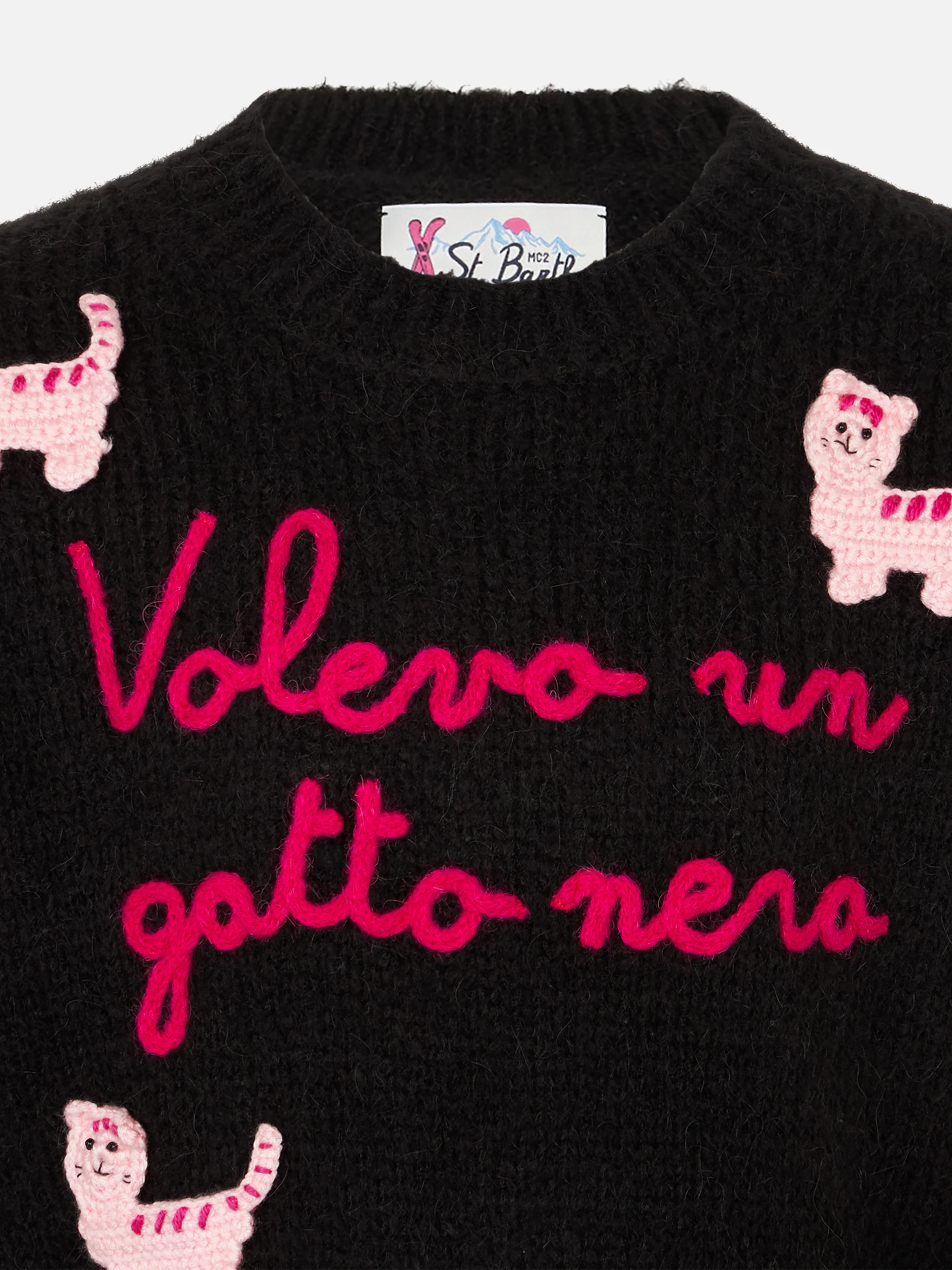 Girl crewneck soft sweater with cats crochet patch and Volevo un Gatto Nero embroidery - Image 2