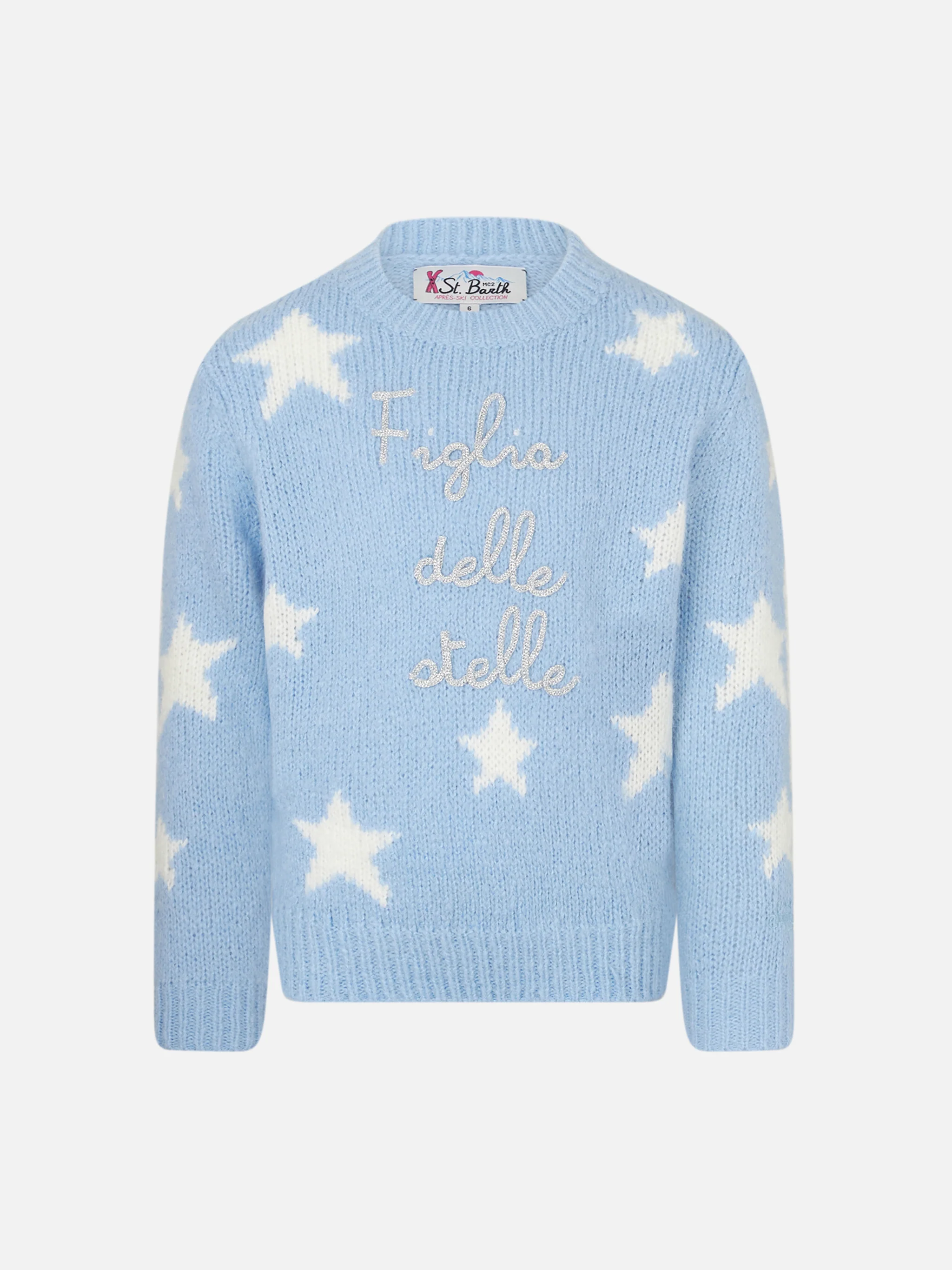 Crewneck soft sweater with stars and Figlia delle Stelle embroidery