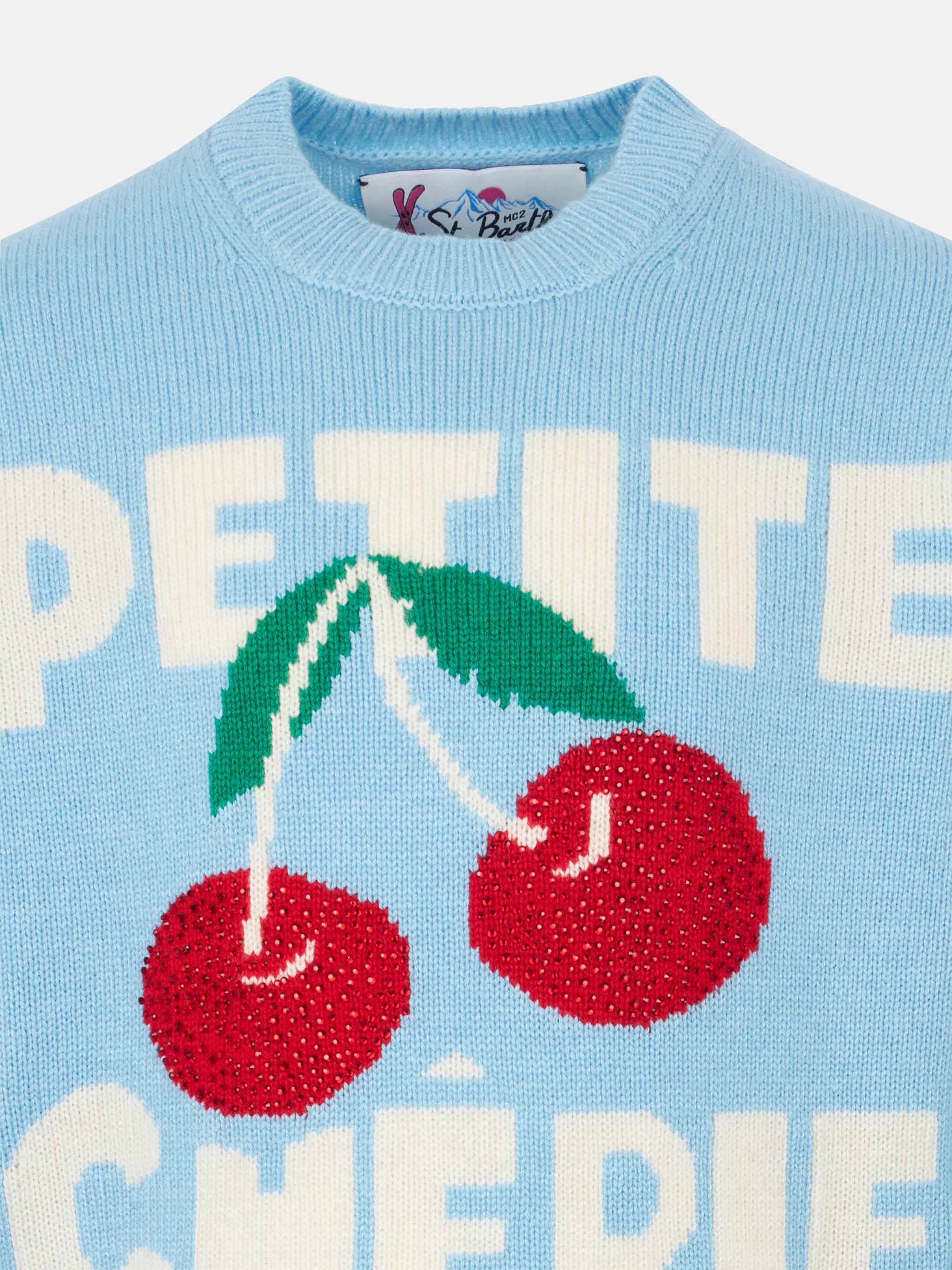 Girl crewneck sweater with cherries rhinestones print - Image 2