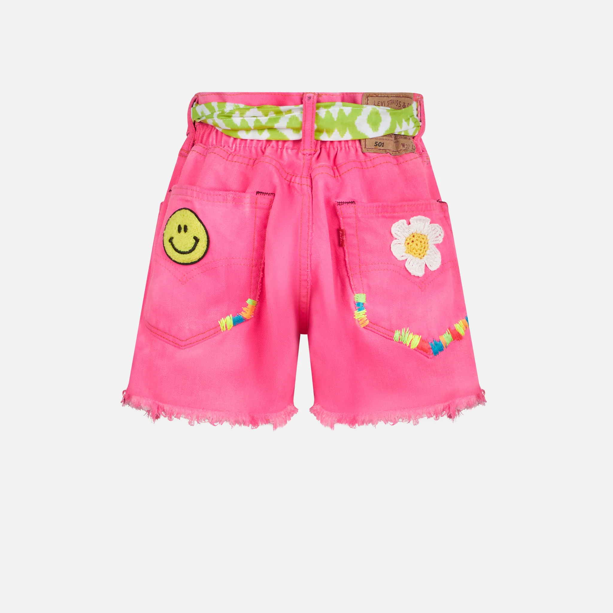 Girl fluo pink upcycled denim shorts with embroidery - Image 2
