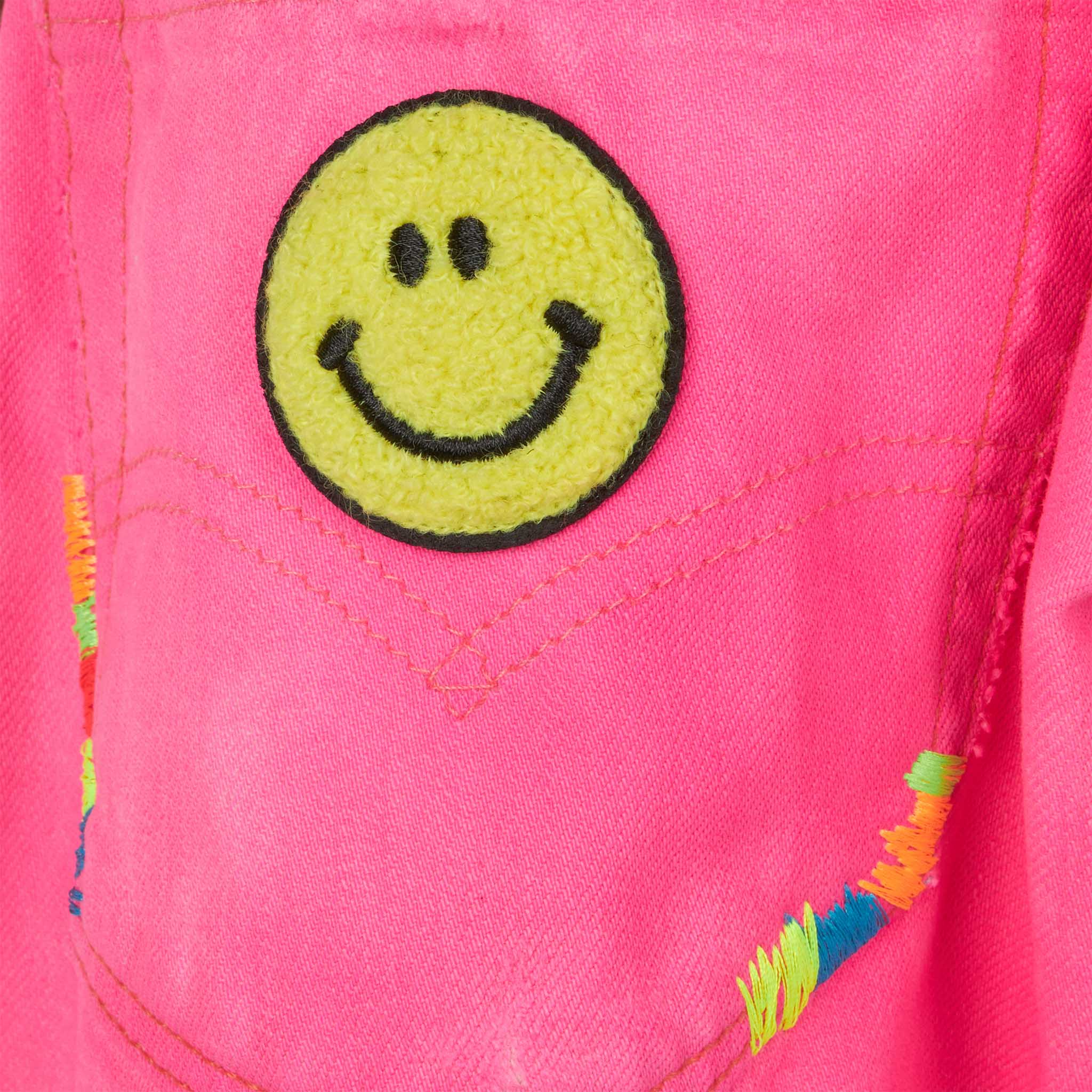 Girl fluo pink upcycled denim shorts with embroidery - Image 3