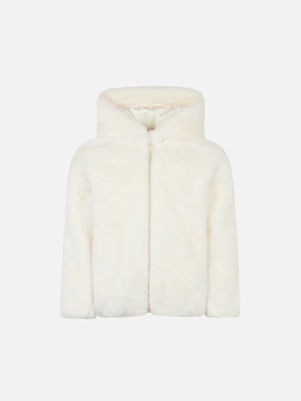 Girl furry white jacket with I Love St. Barth embroidery - Image 2