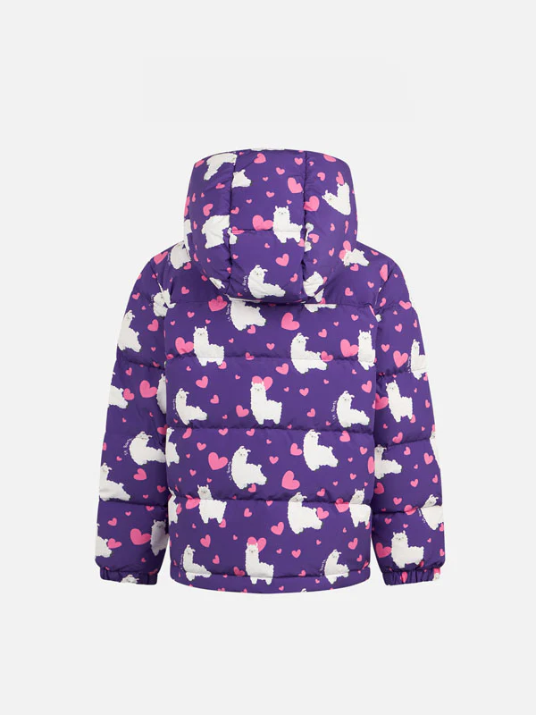 Girl hooded down padded jacket with alpaca and hearts print - Image 2