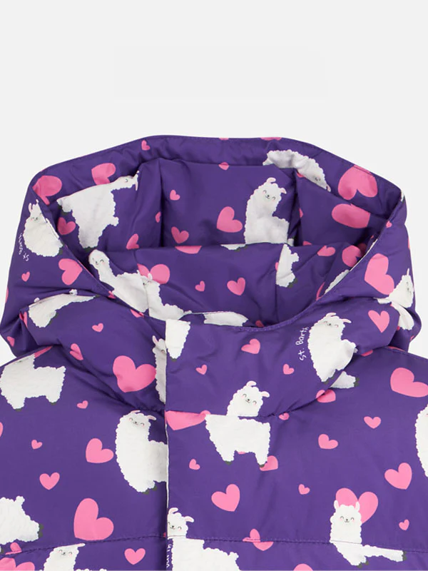 Girl hooded down padded jacket with alpaca and hearts print - Image 3