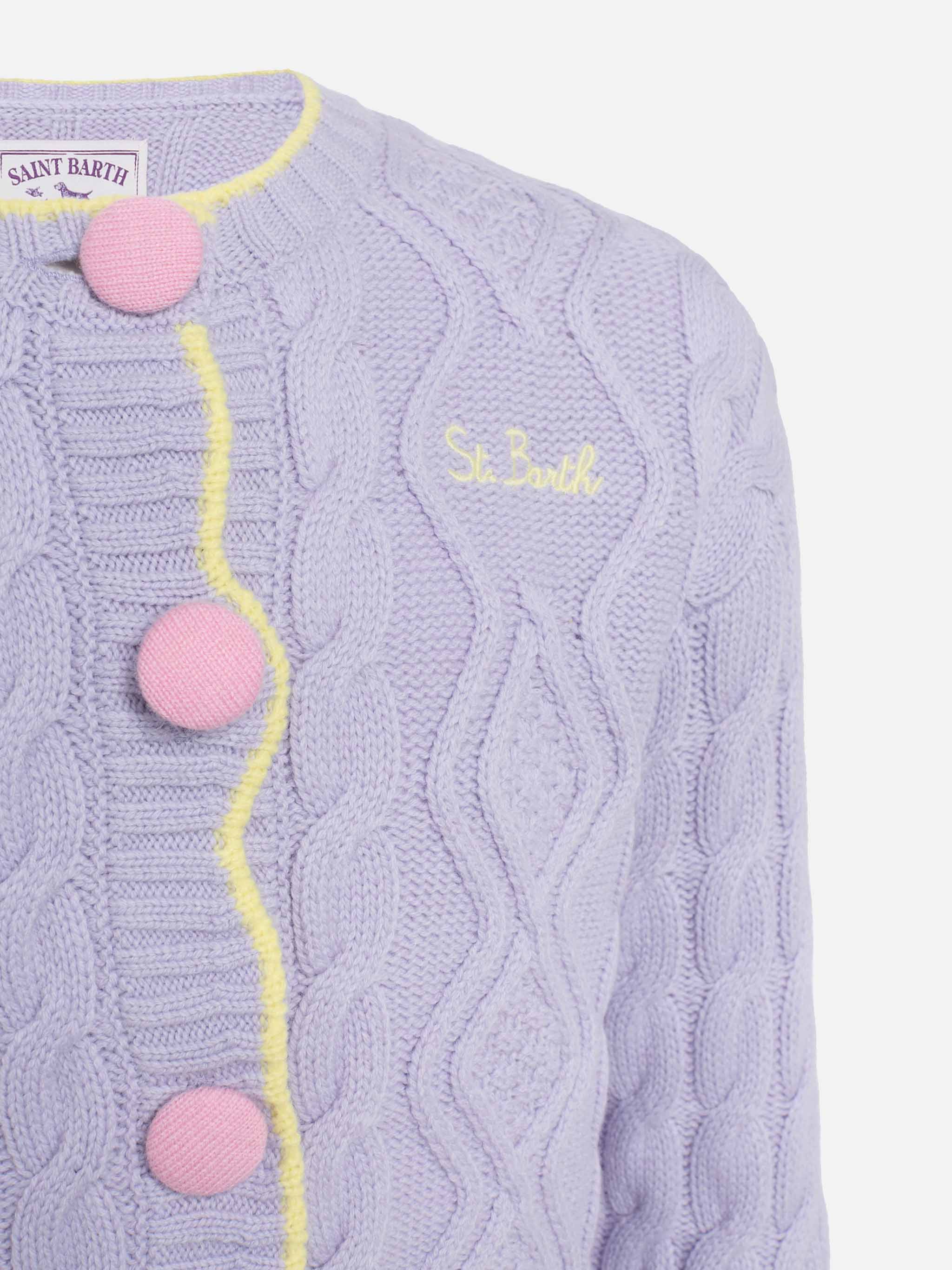 Girl lilac wavy cable knit cardigan Mallery with contrast buttons and details - Image 3