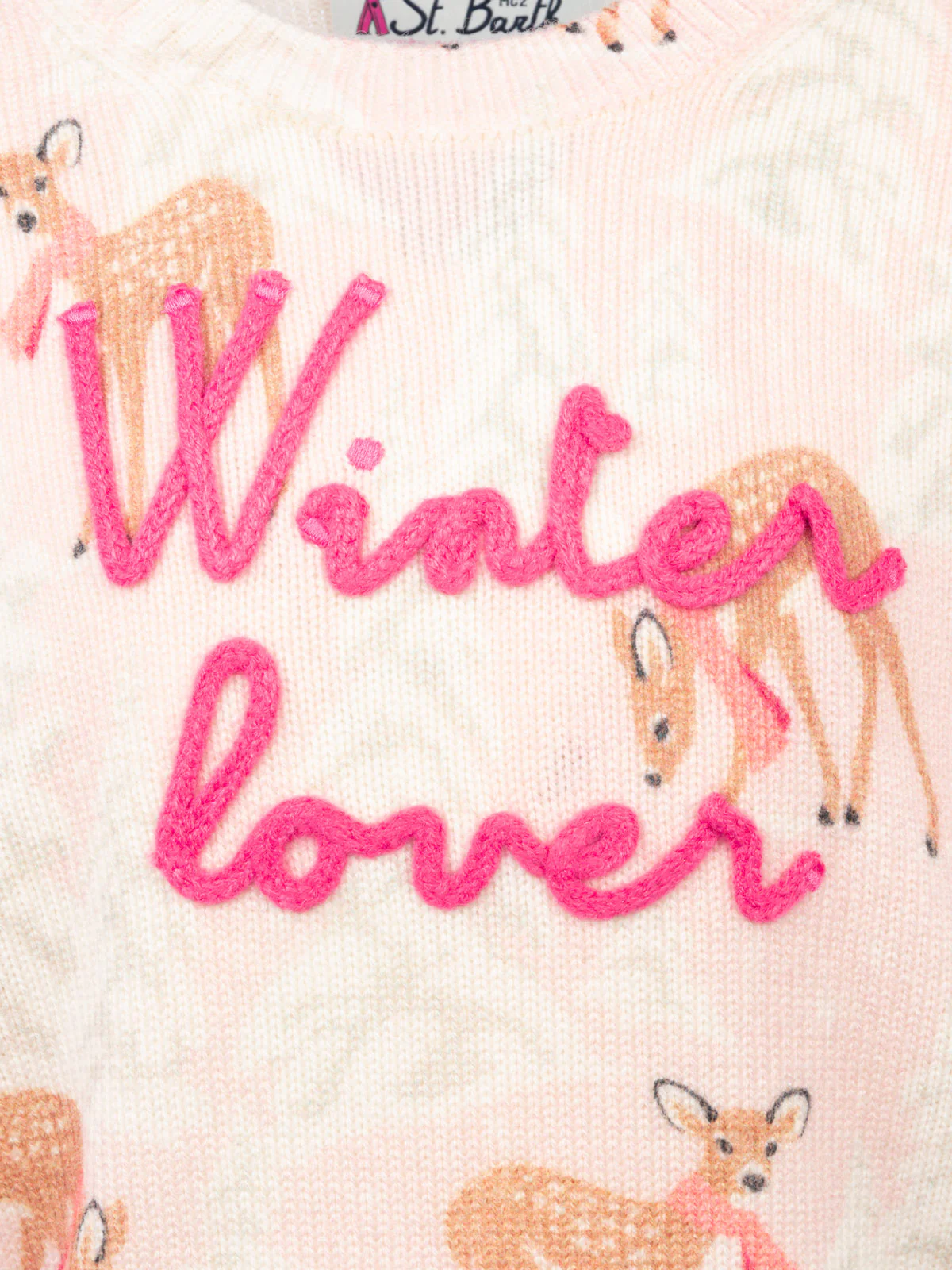 Girl pink crewneck sweater Princess with pines fawn print and Winter Lover embroidery - Image 3