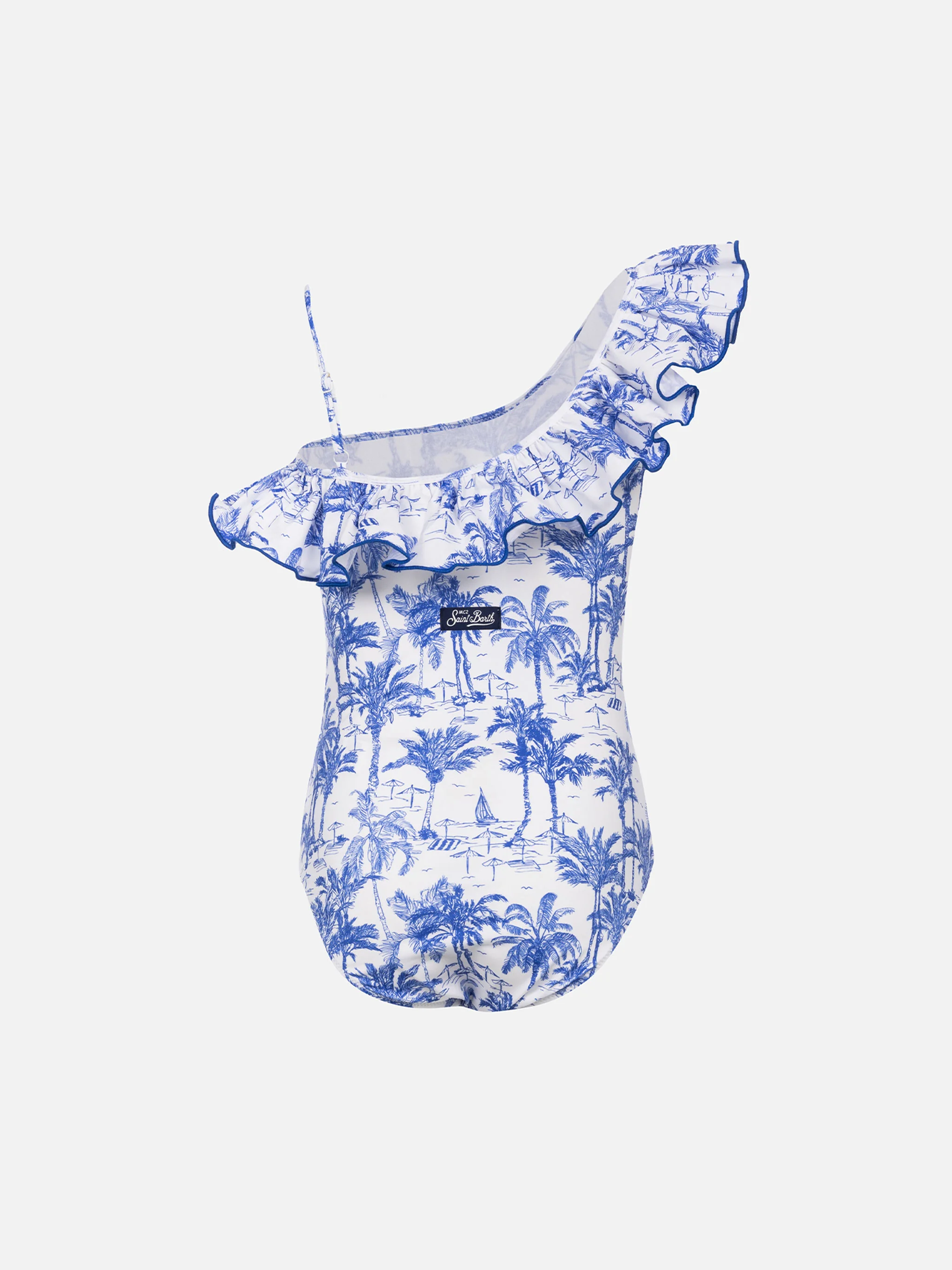 Girl ruffled one piece Carin swimsuit with toile de jouy print - Image 2