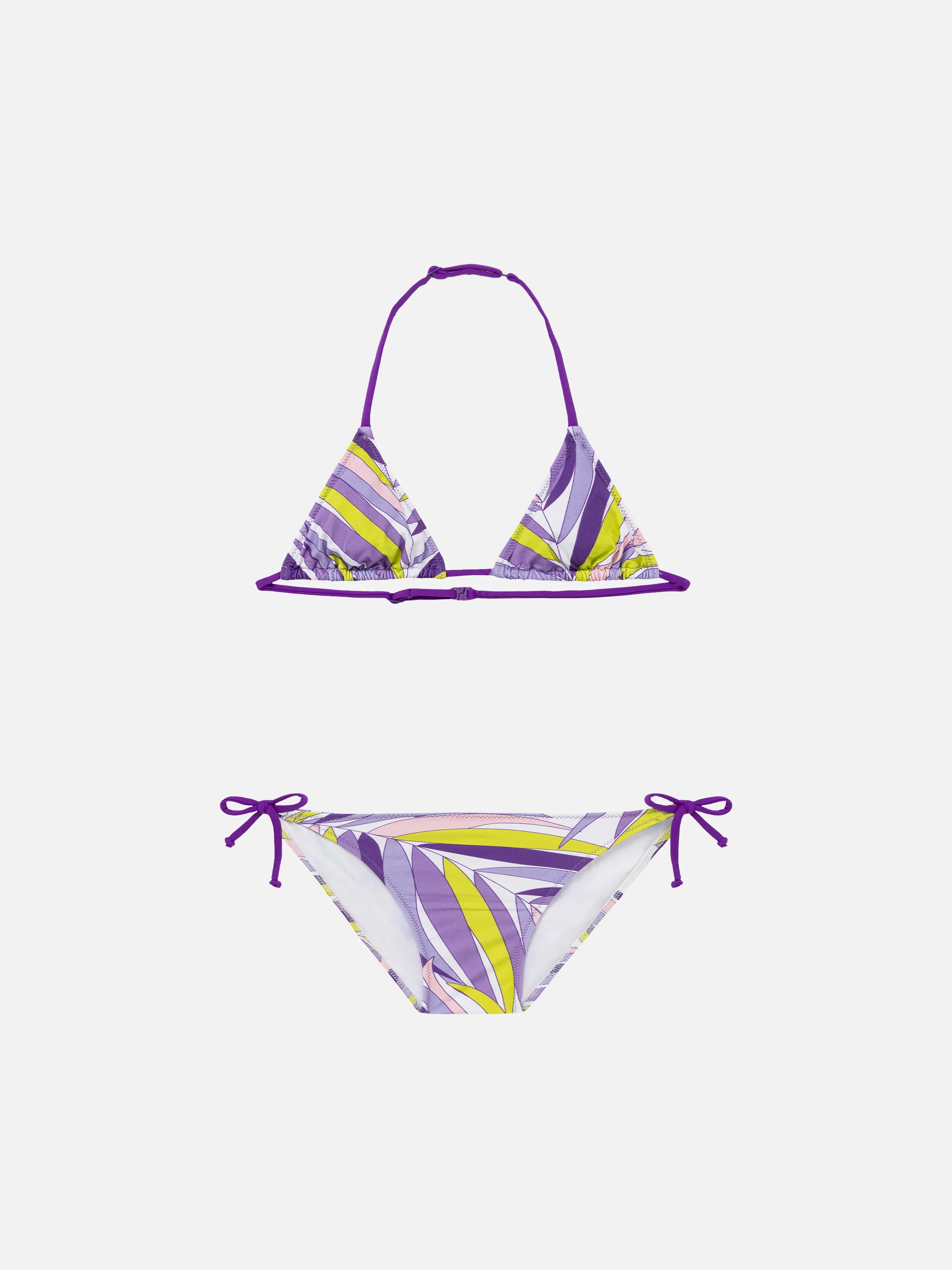 Girl triangle bikini with palms leaves