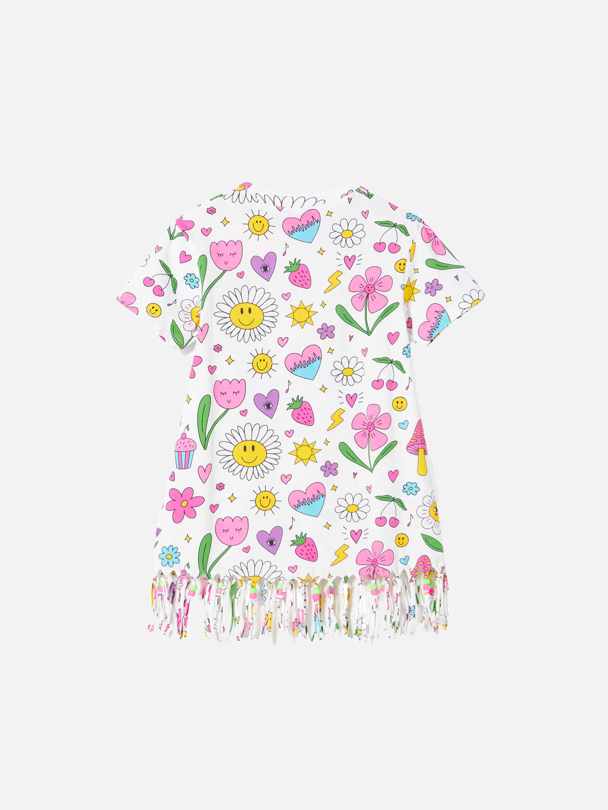 Girl white cotton dress with print and charms - Image 2