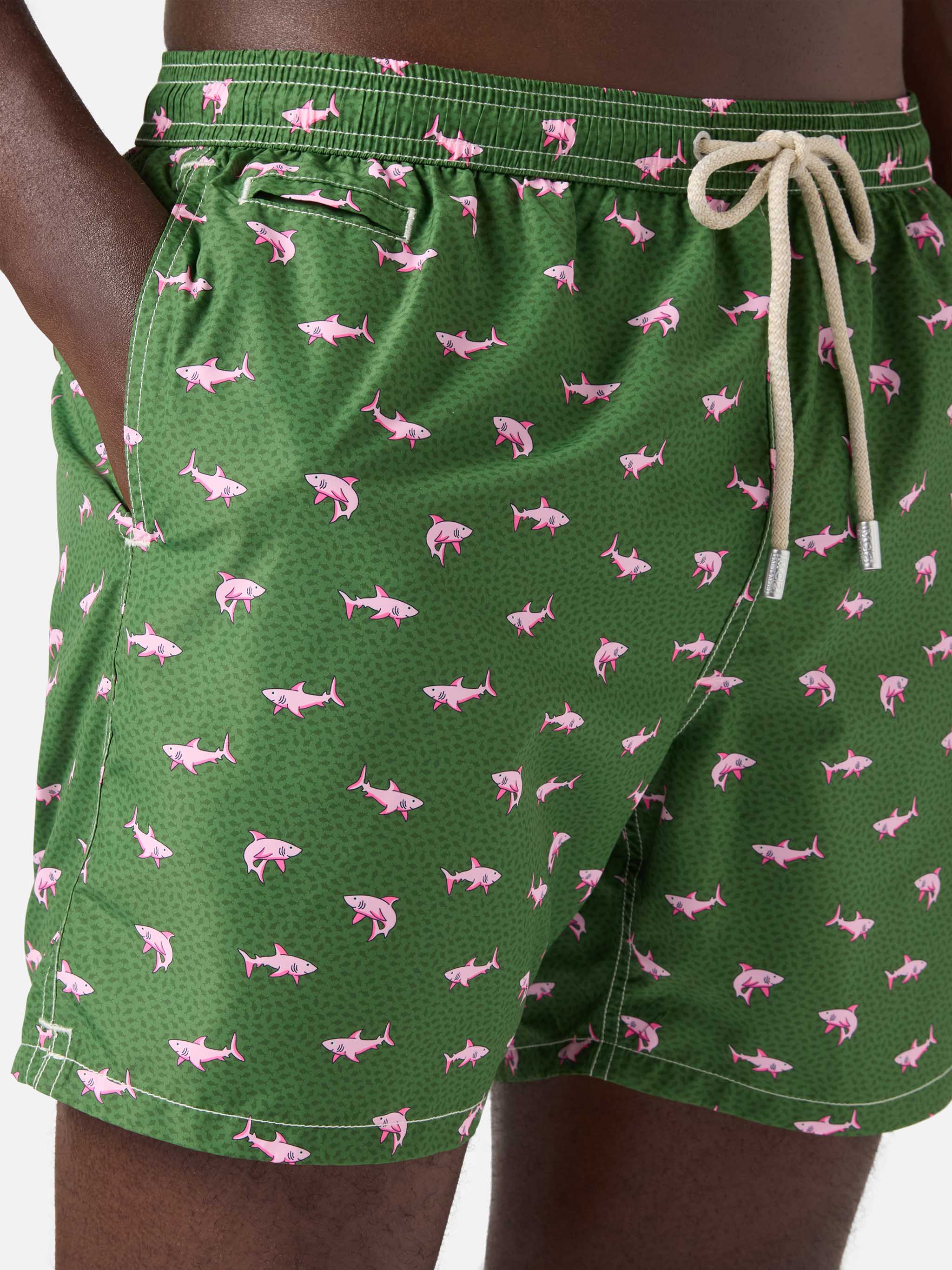 Green Lighting Micro swim shorts with pink sharks print - Image 4