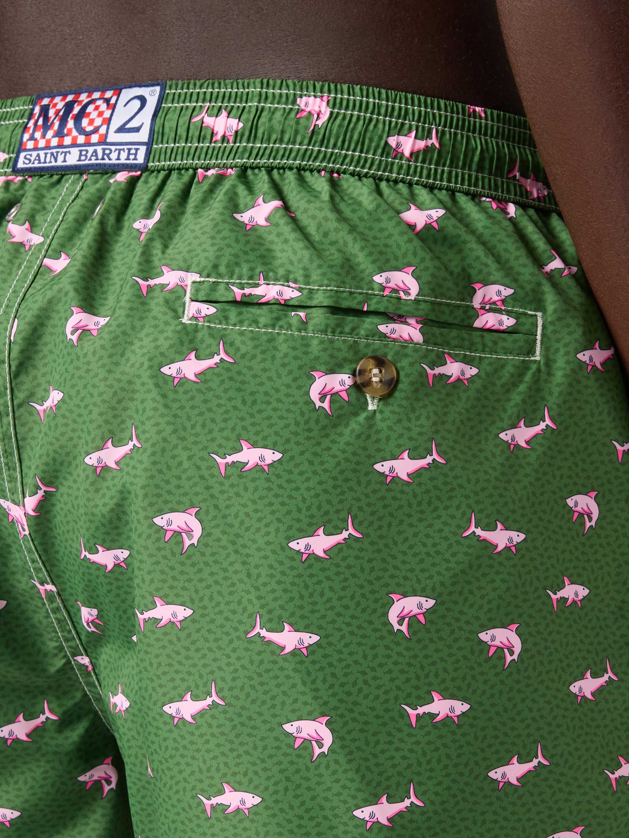 Green Lighting Micro swim shorts with pink sharks print - Image 6