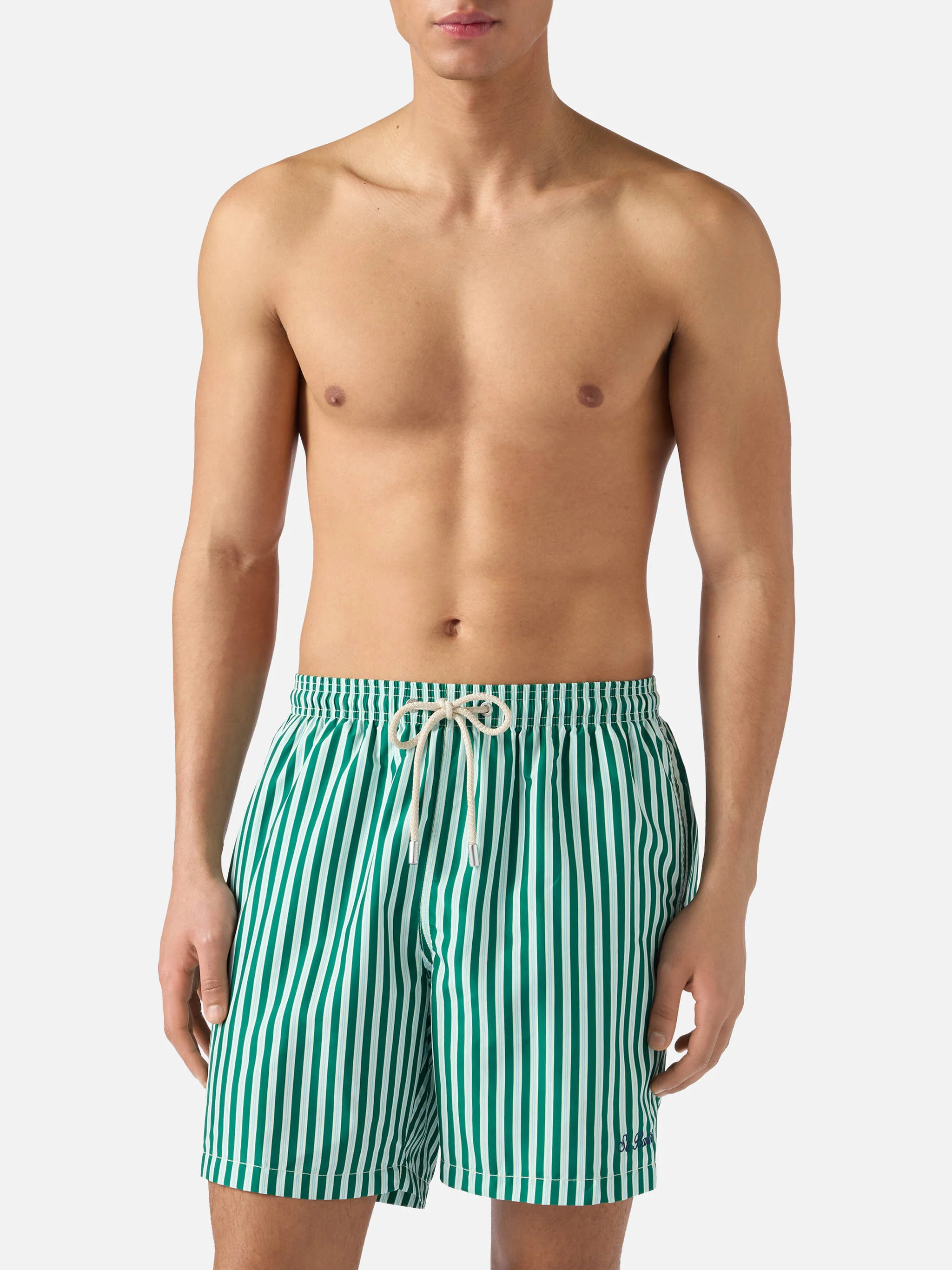 Green striped Lighting swim shorts with St. Barth embroidery - Image 3