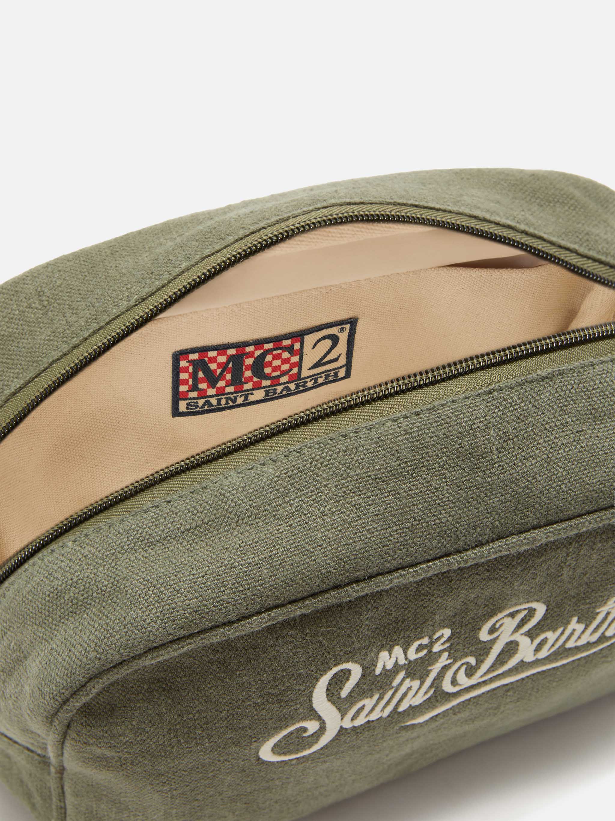 Green Westwood linen beauty bag with embroidered logo - Image 4