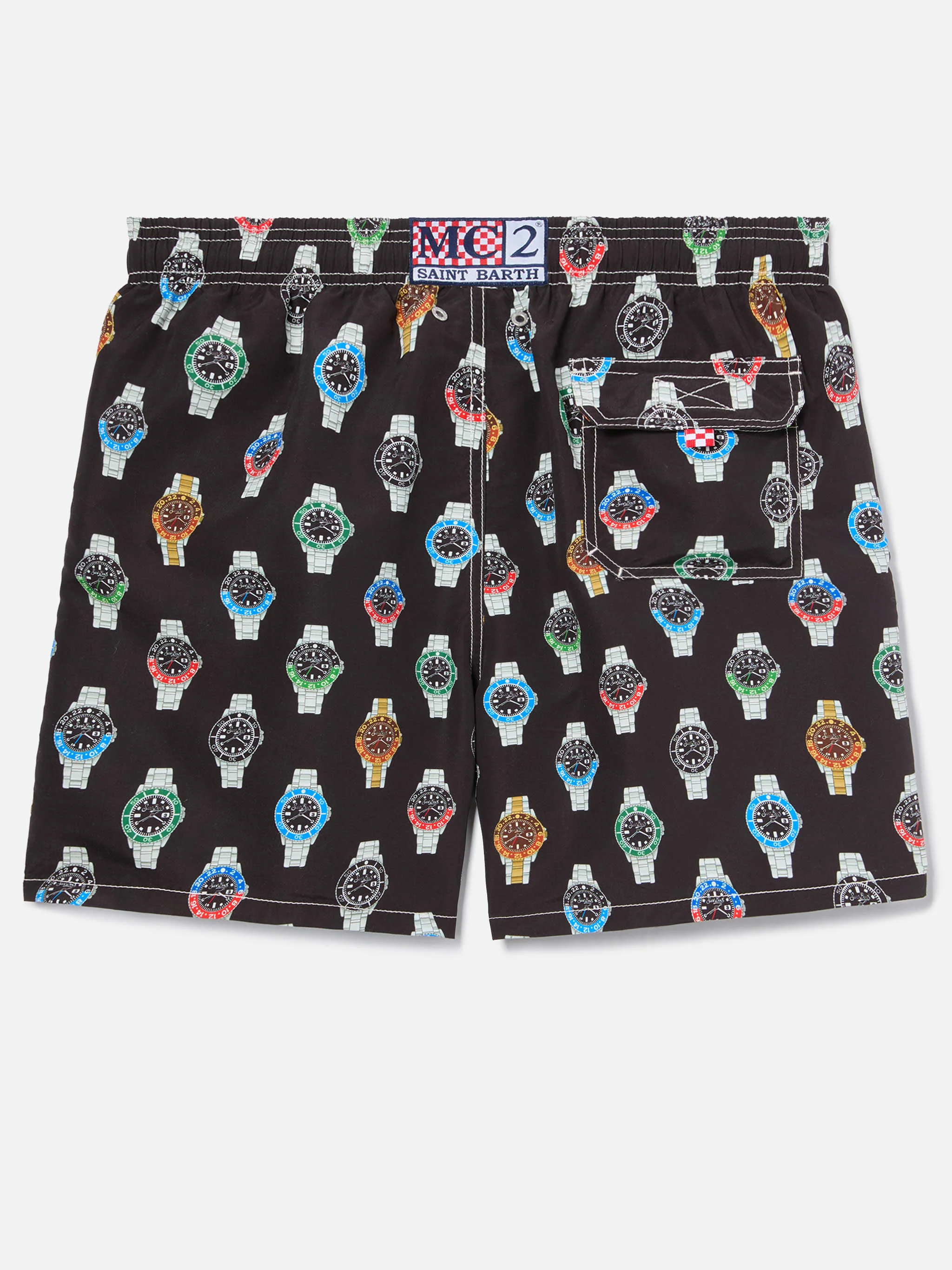 Gustavia swim shorts in solid black with watch print - Image 2