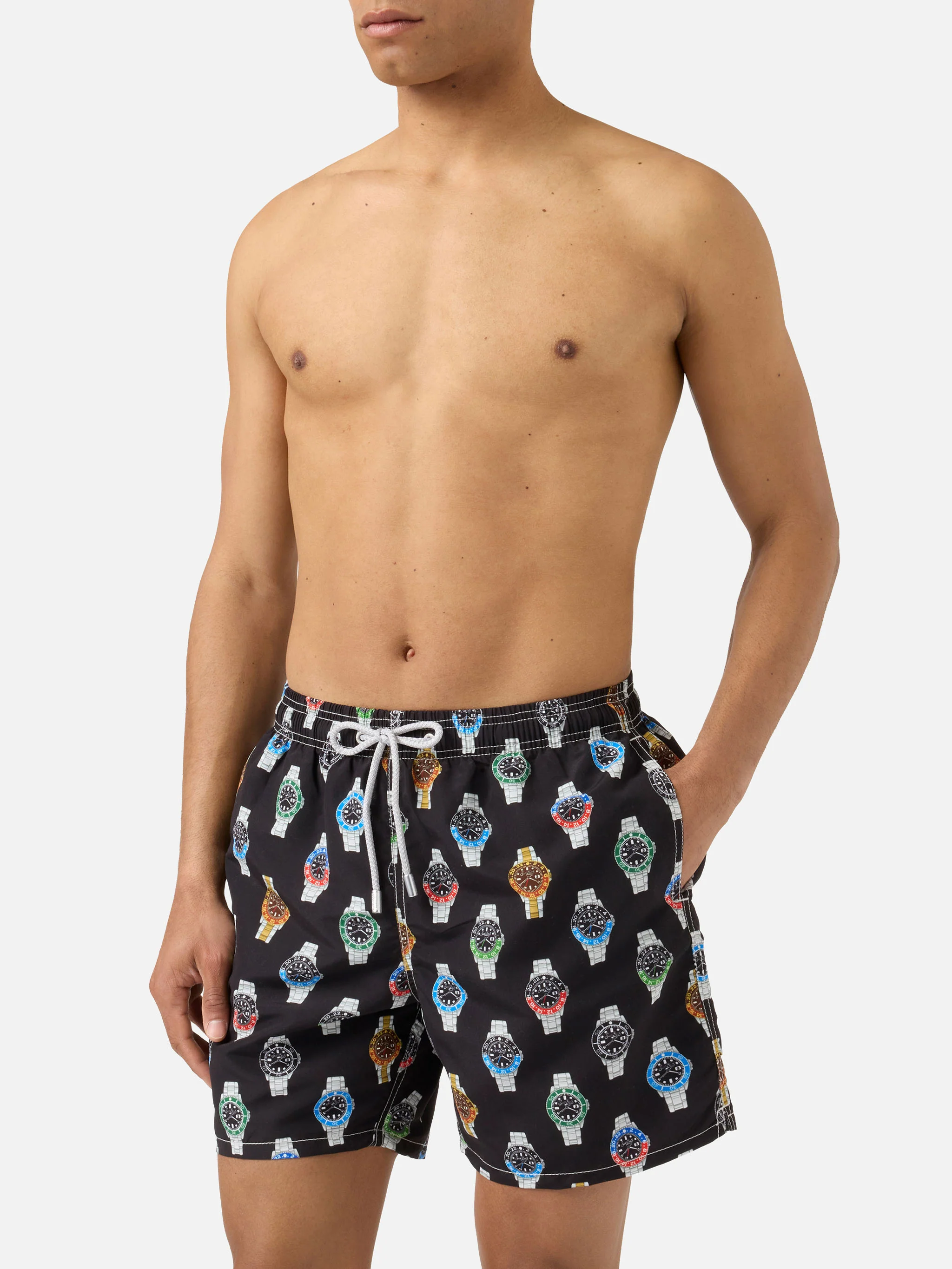 Gustavia swim shorts in solid black with watch print - Image 3