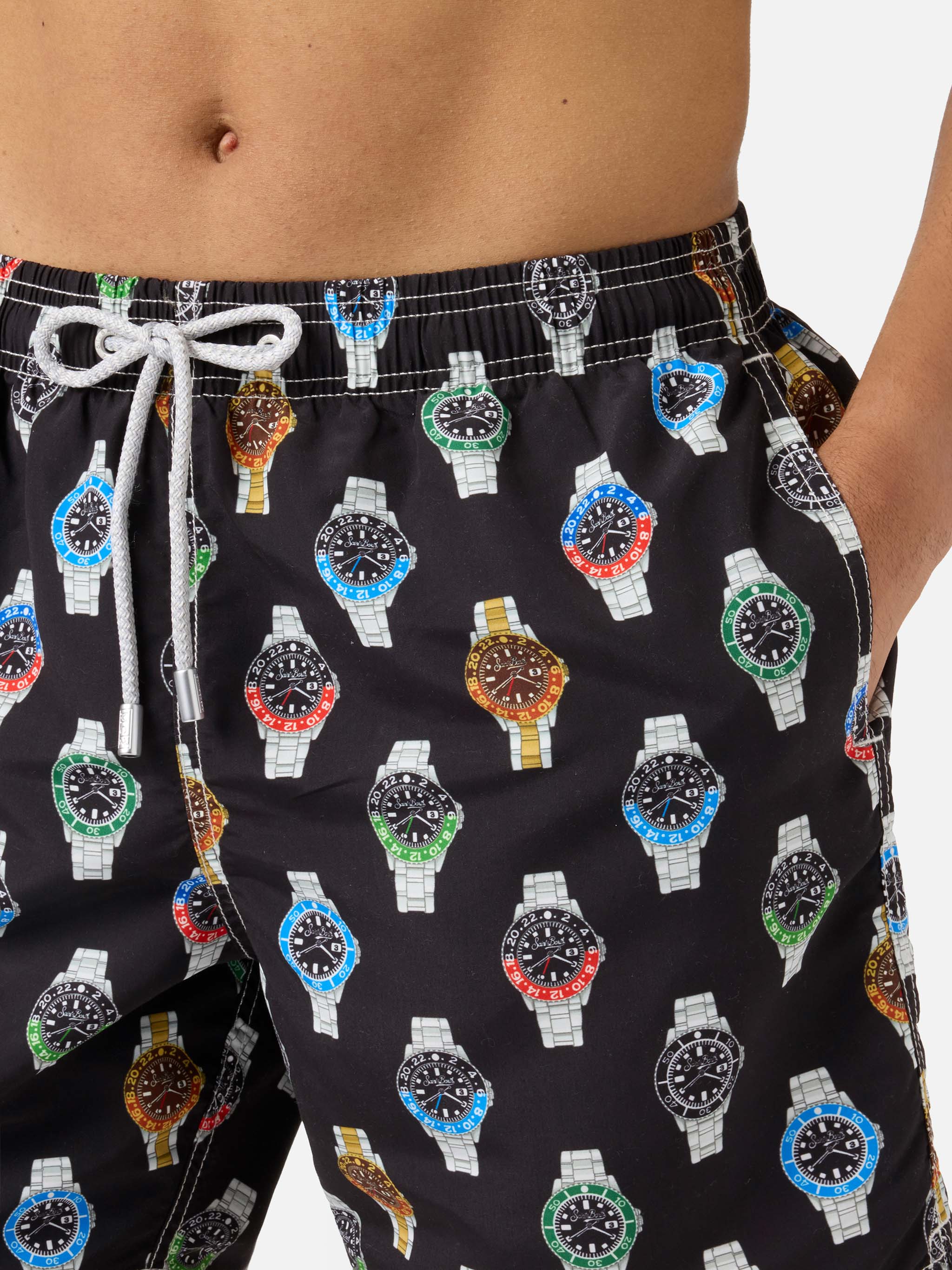 Gustavia swim shorts in solid black with watch print - Image 4