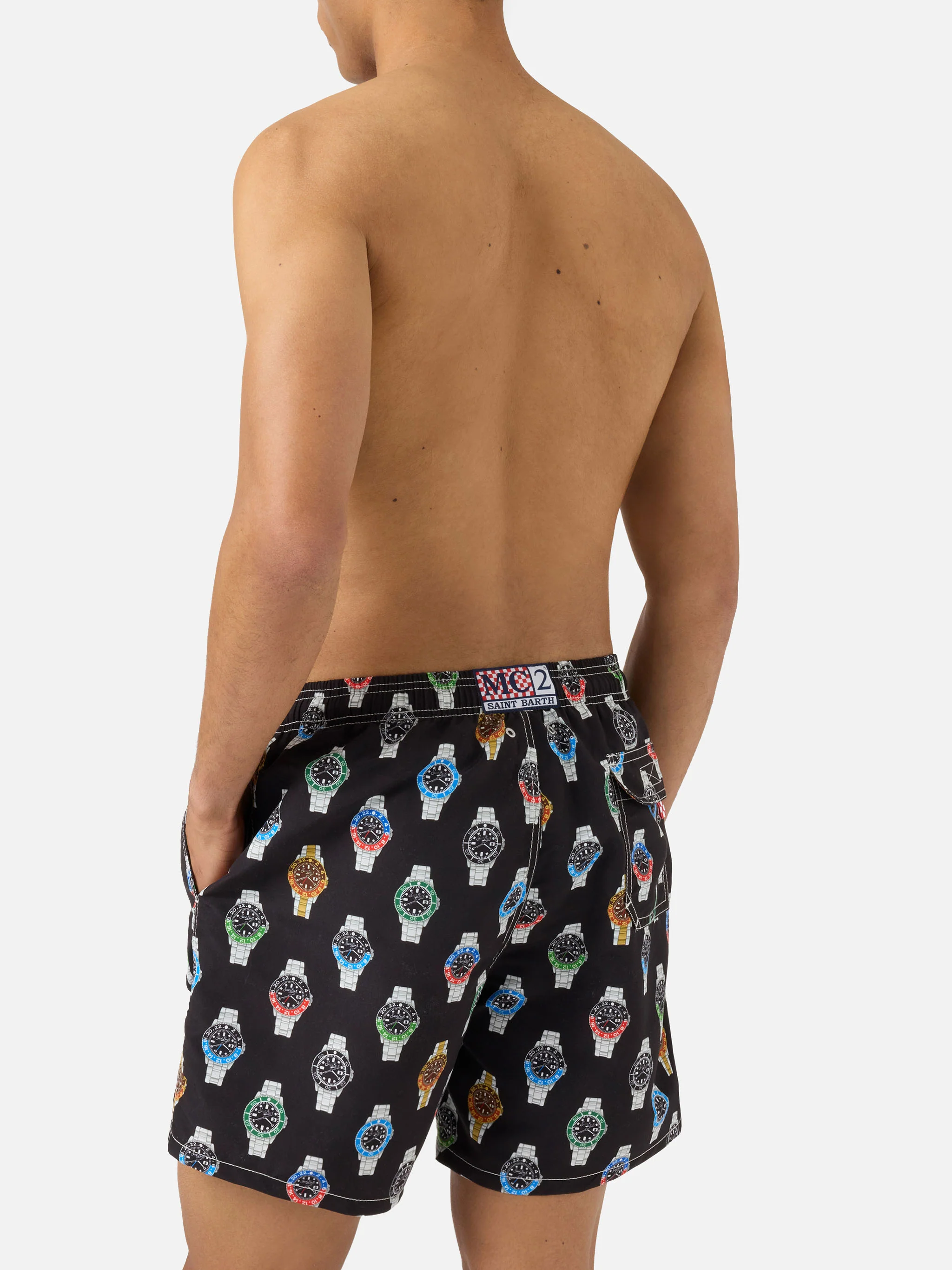 Gustavia swim shorts in solid black with watch print - Image 5