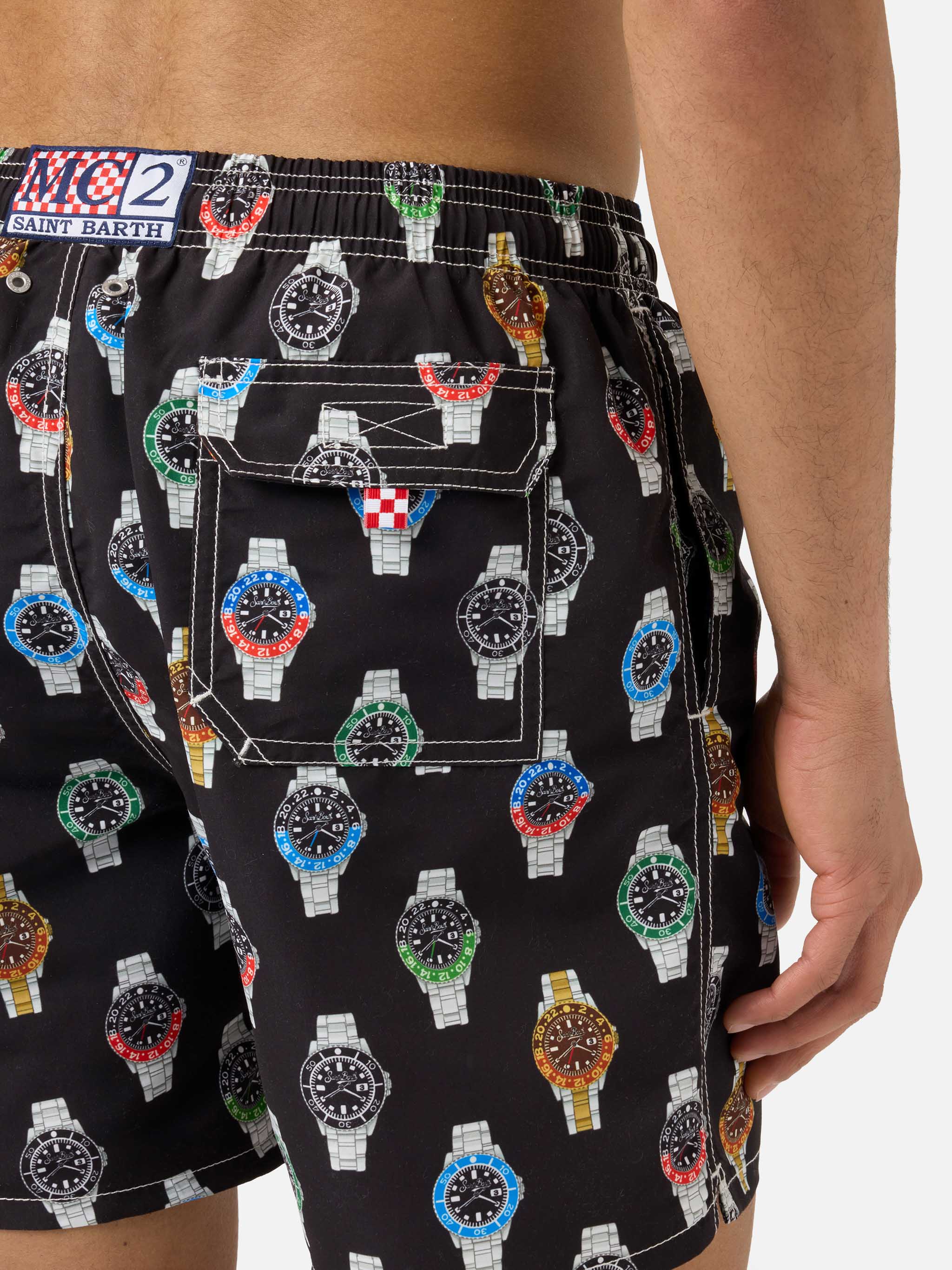 Gustavia swim shorts in solid black with watch print - Image 6