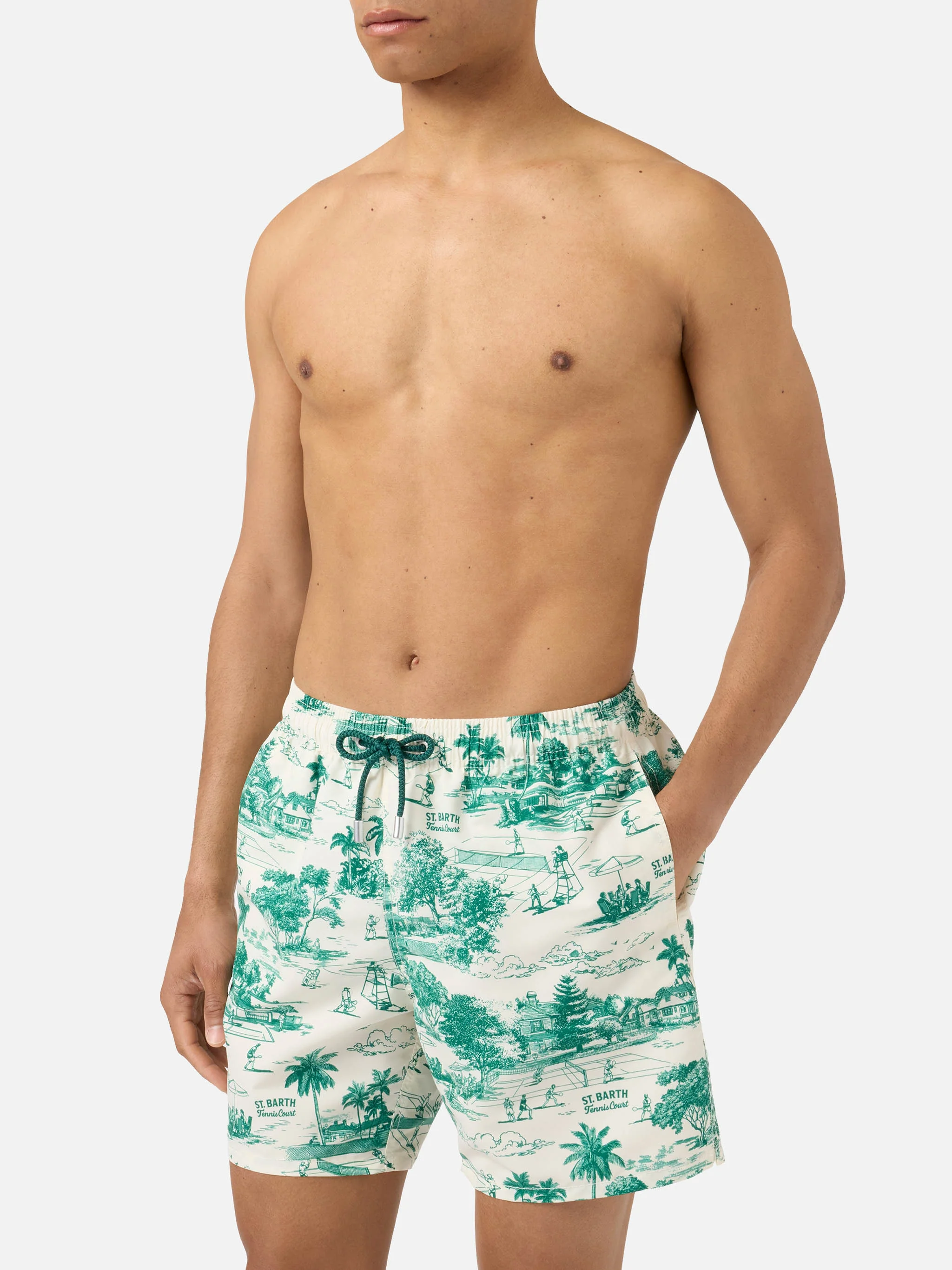 Gustavia swim shorts with green toile de jouy print - Image 3