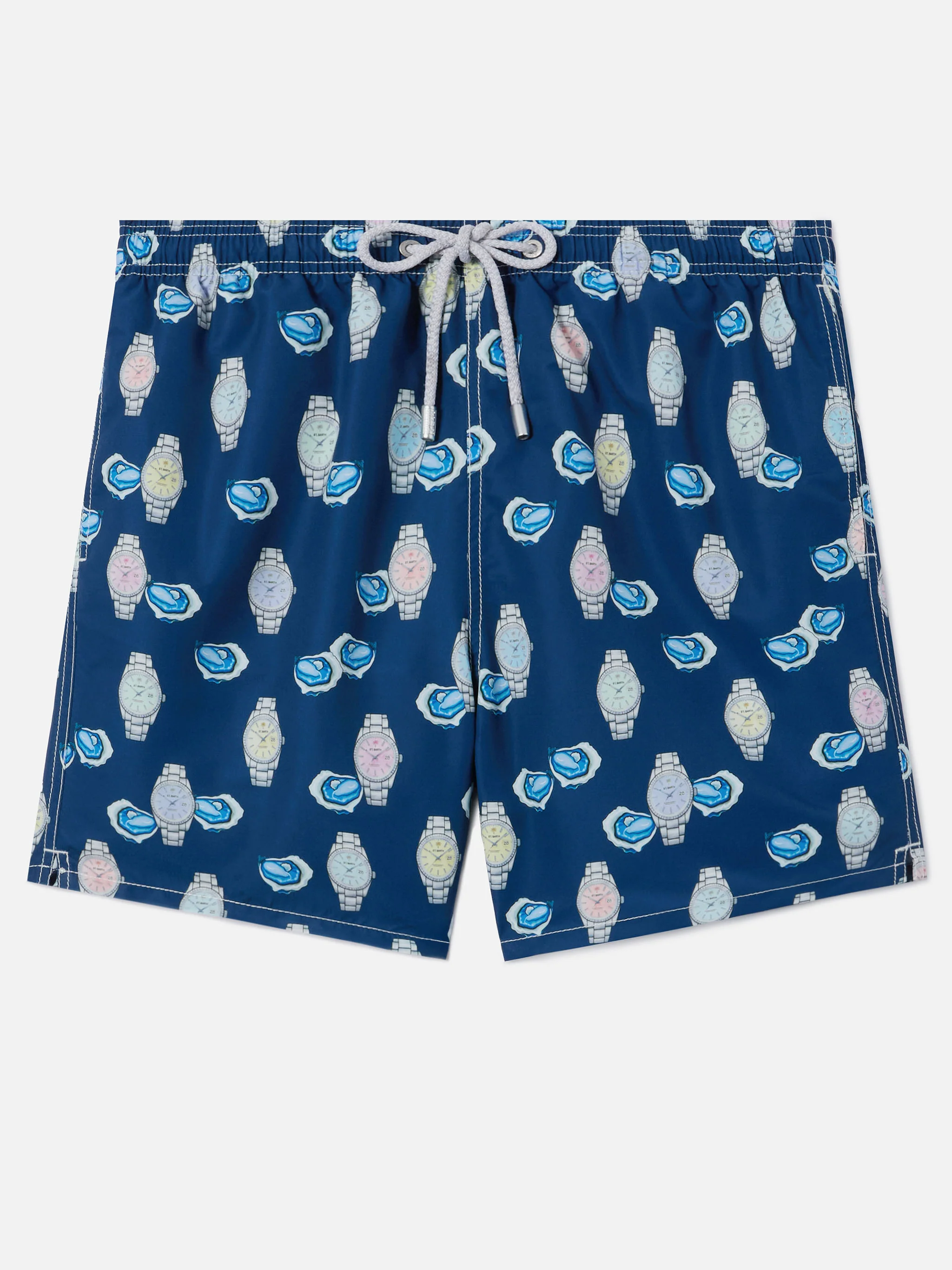 Gustavia swim shorts with oysters and watches print