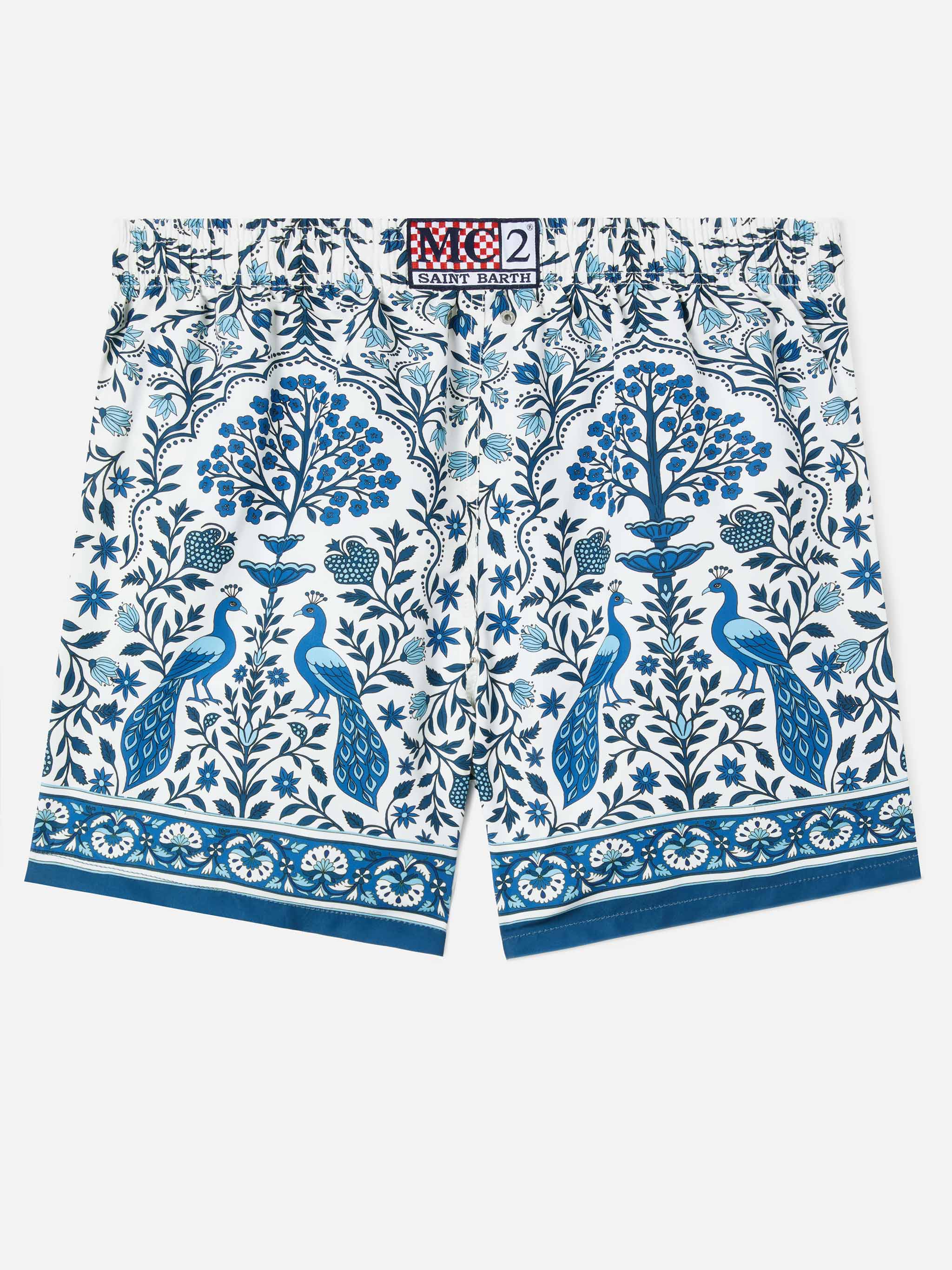 Gustavia white swim shorts with contrasting peacock print - Image 2