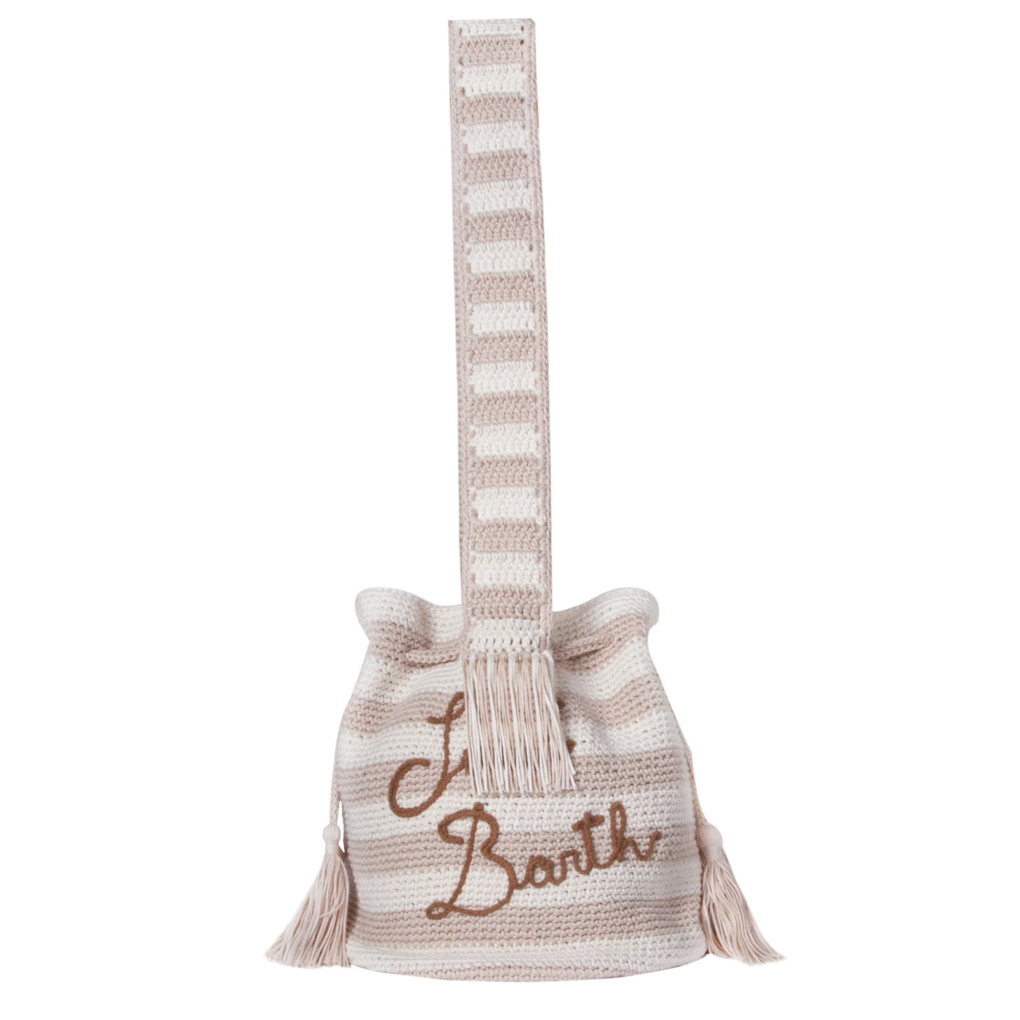 Crochet Bucket beige and white striped crochet bucket bag - Image 3