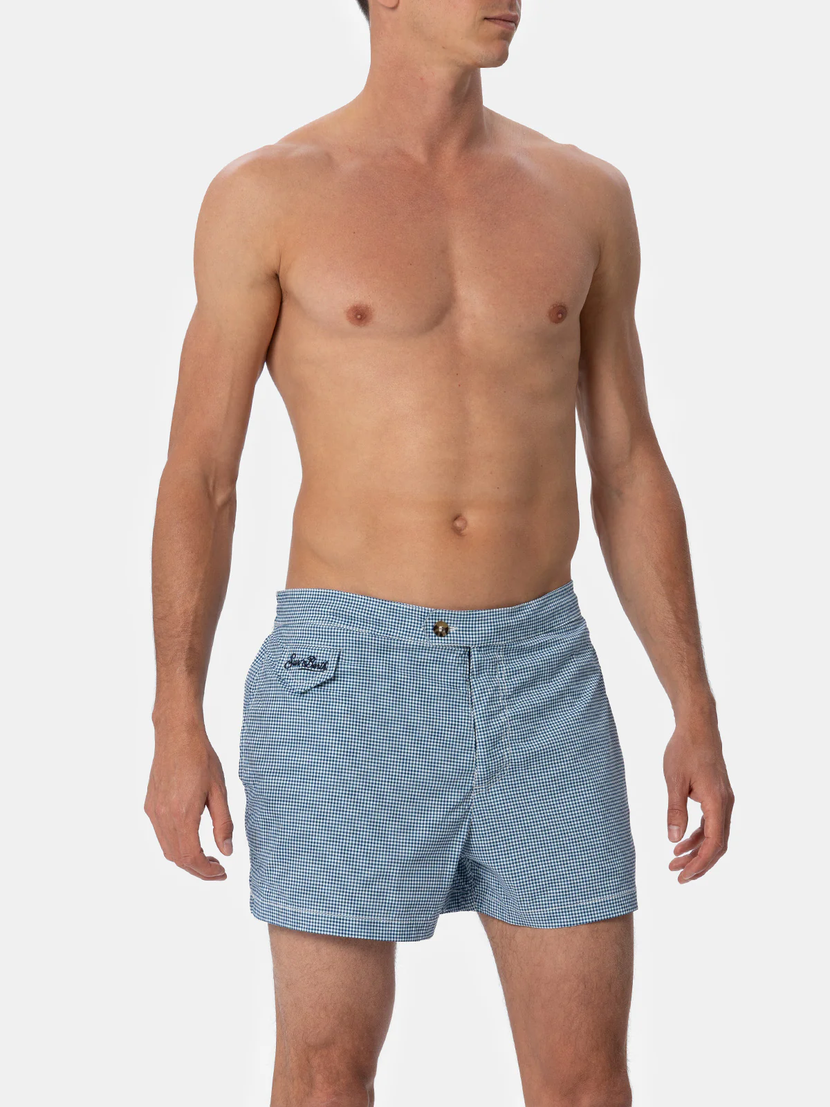 Harrys fitted cut swim shorts with gingham print - Image 4